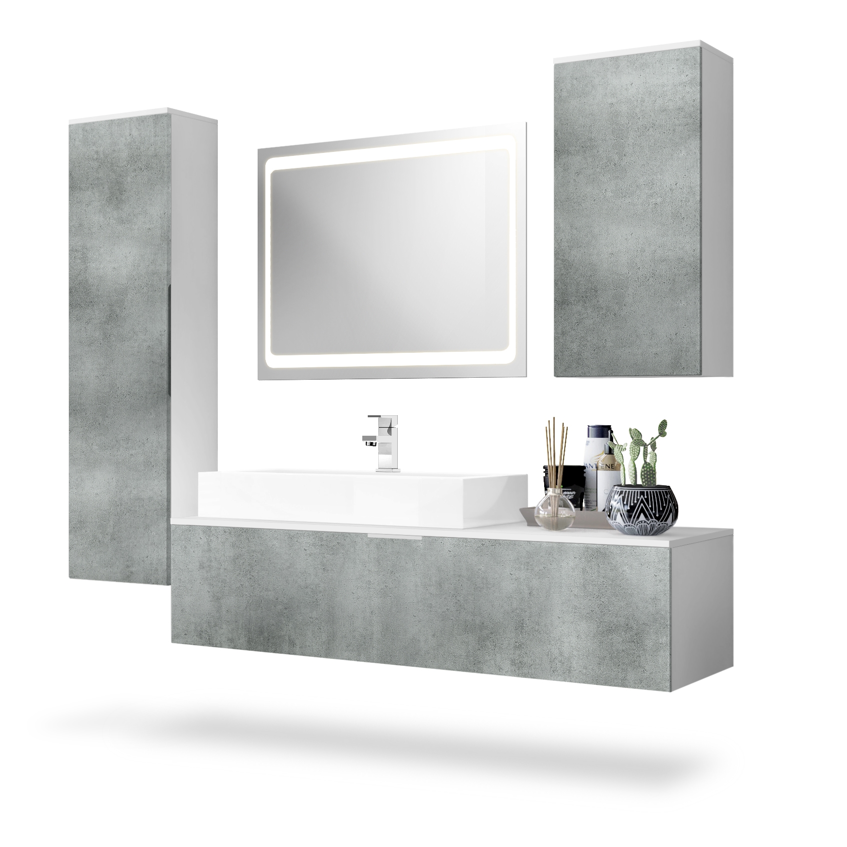 Badmöbel Beach LED-Spiegel, Waschbecken und Armatur Korpus Weiß matt/Fronten Beton Dunkel Optik (‎189 x 193 x 51 cm)