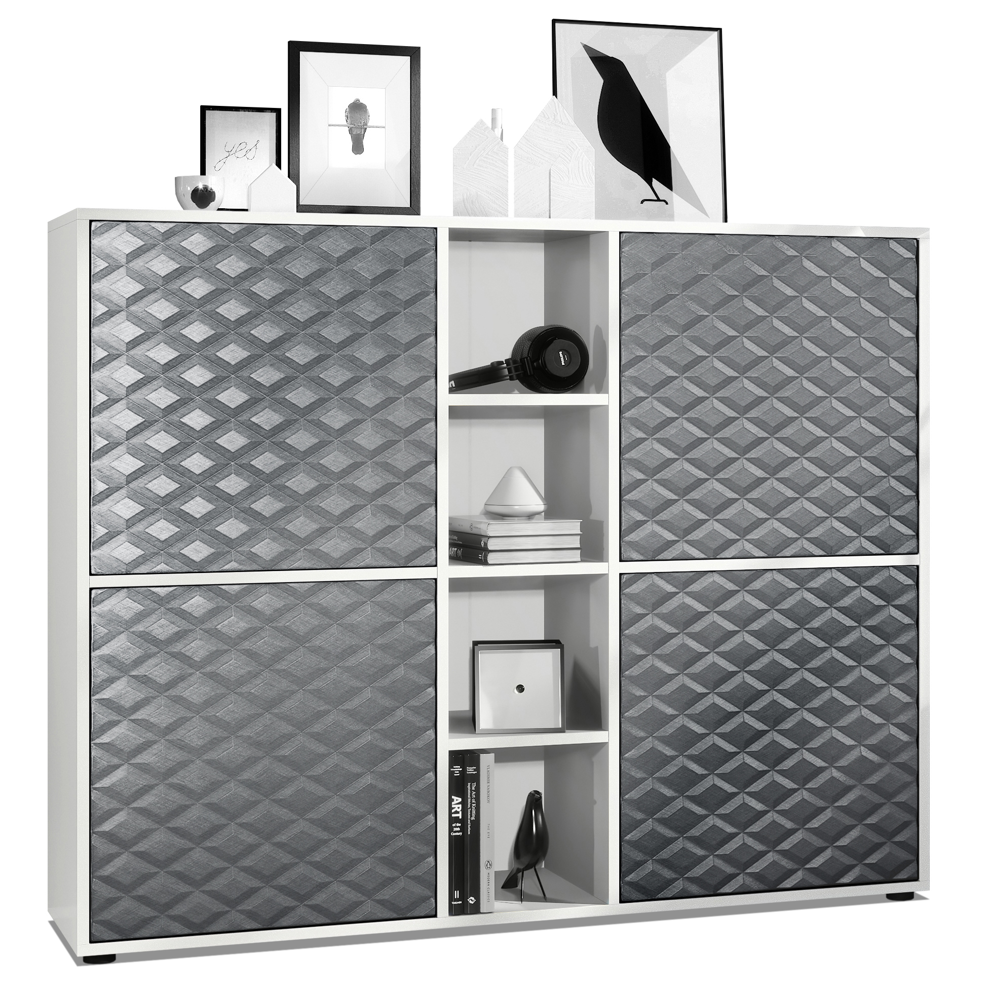 Highboard Cuba V3 mit 4 Türen und 4 offene Fächer Weiß matt/Stahlgrau 3D Struktur (130,5x105,5x35,5 cm)