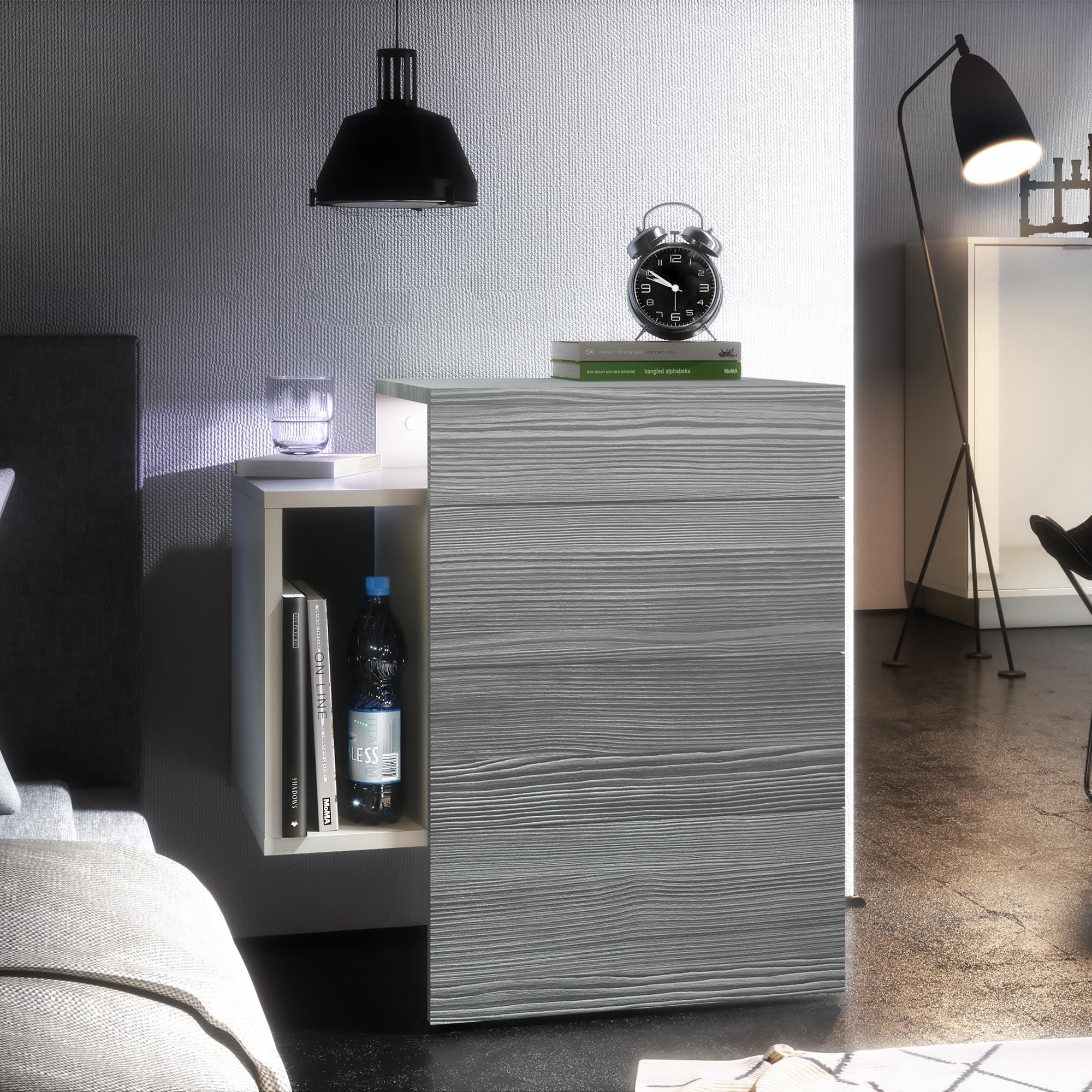 Nachttisch Queens und 1 seitlichem Fach zur Wandmontage Weiß matt/Avola-Anthrazit inkl. LED-Unterbaustrahler (60 x 63 x 36 cm)