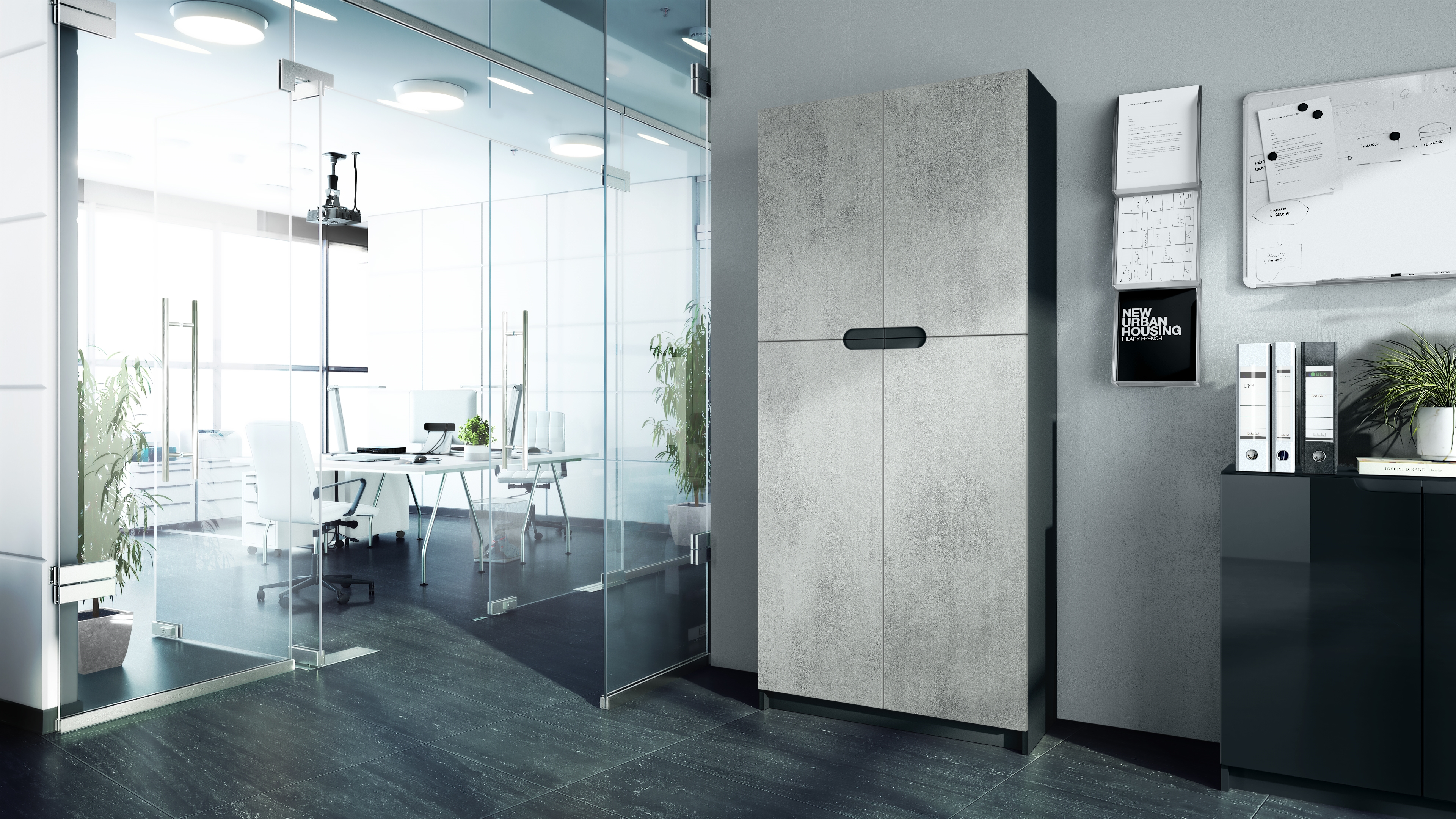 Büroschrank Logan V1 mit 5 Fächern und 4 Türen Schwarz matt/Beton Oxid Optik (82 x 185 x 37 cm)