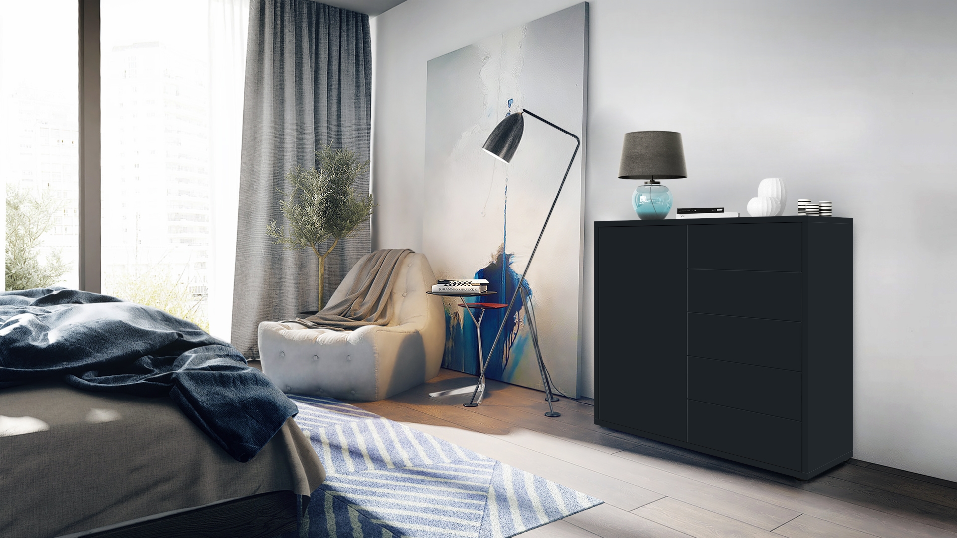 Kommode Ben V2  mit 1 Tür und 5 Schubladen Schwarz matt/Schwarz matt (79 x 74 x 36 cm)