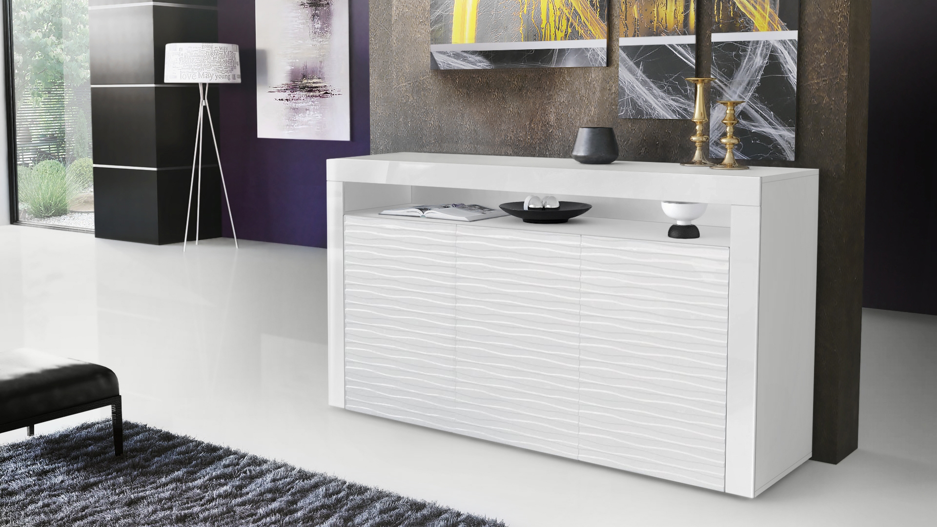 Sideboard Valencia  mit 3 Türen und 1 offenem Fach Weiß matt&glänzend mit 3D Struktur (155x92x40 cm)