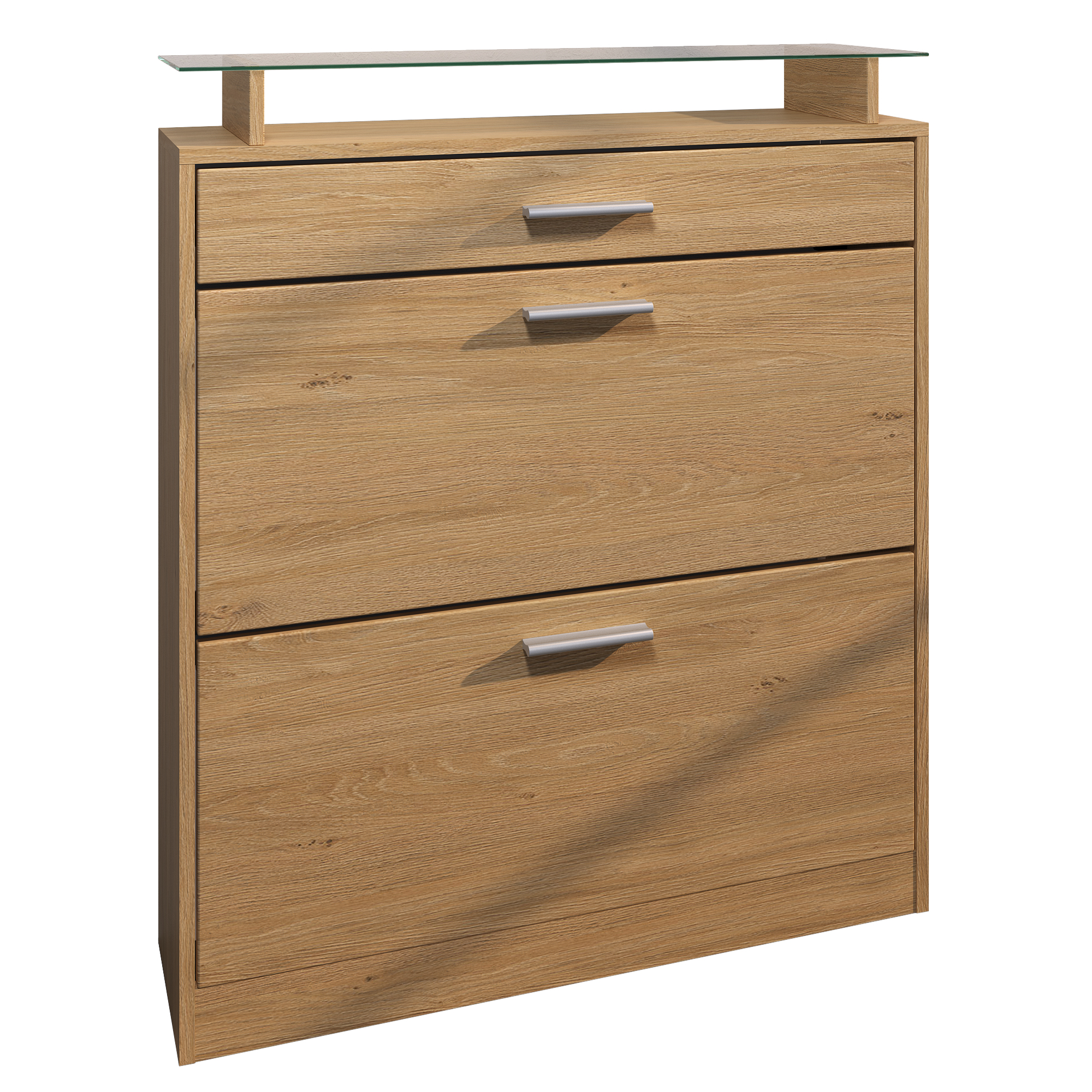 Schuhschrank Loret mit 1 Schublade und Glasablage Schuhregal in Eiche Skandi / Eiche Skandi (89 x 104 x 23 cm)