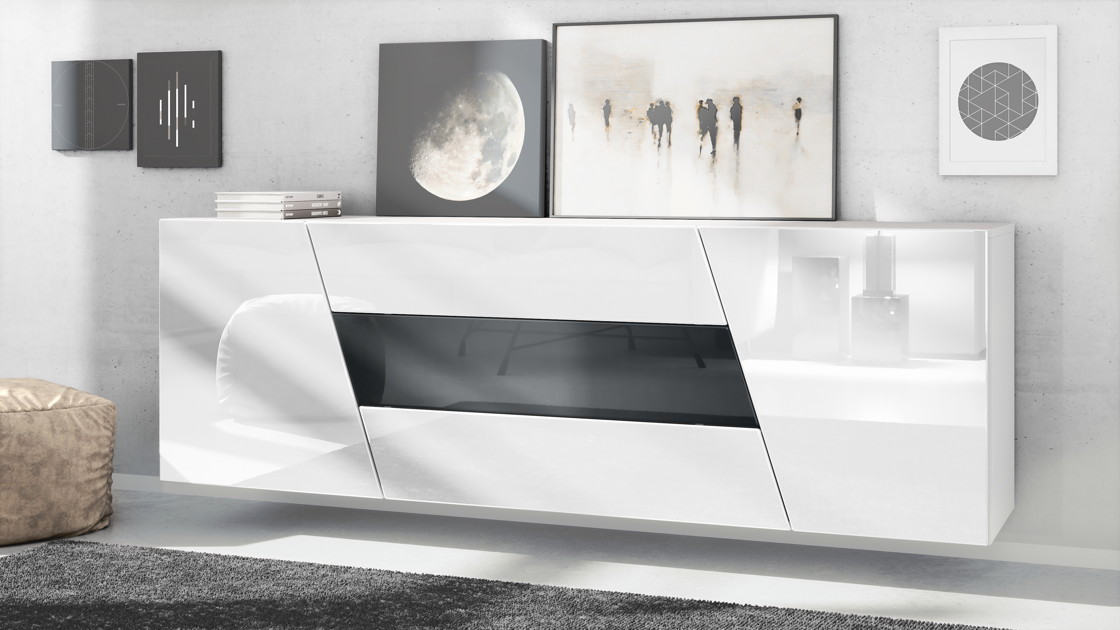 Houston Sideboard hängend mit 2 Türen und 3 Schubladen Weiß matt/Weiß Hochglanz/Schwarz Hochglanz (178 x 57,5 x 38,5 cm)