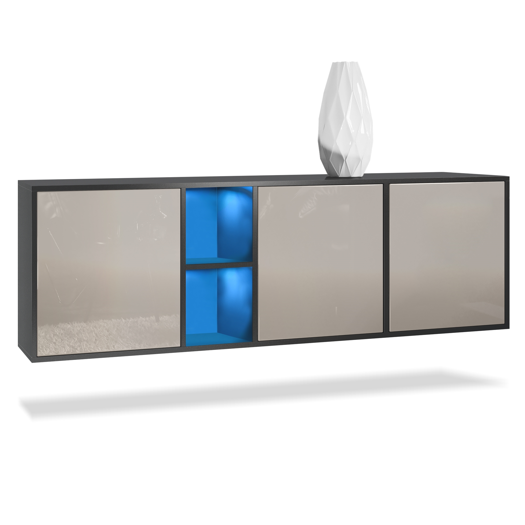 Sideboard Cuba  mit 3 Türen und 2 offene Fächer Schwarz matt/Sandgrau Hochglanz inkl. LED-Beleuchtung (182x53x35 cm)