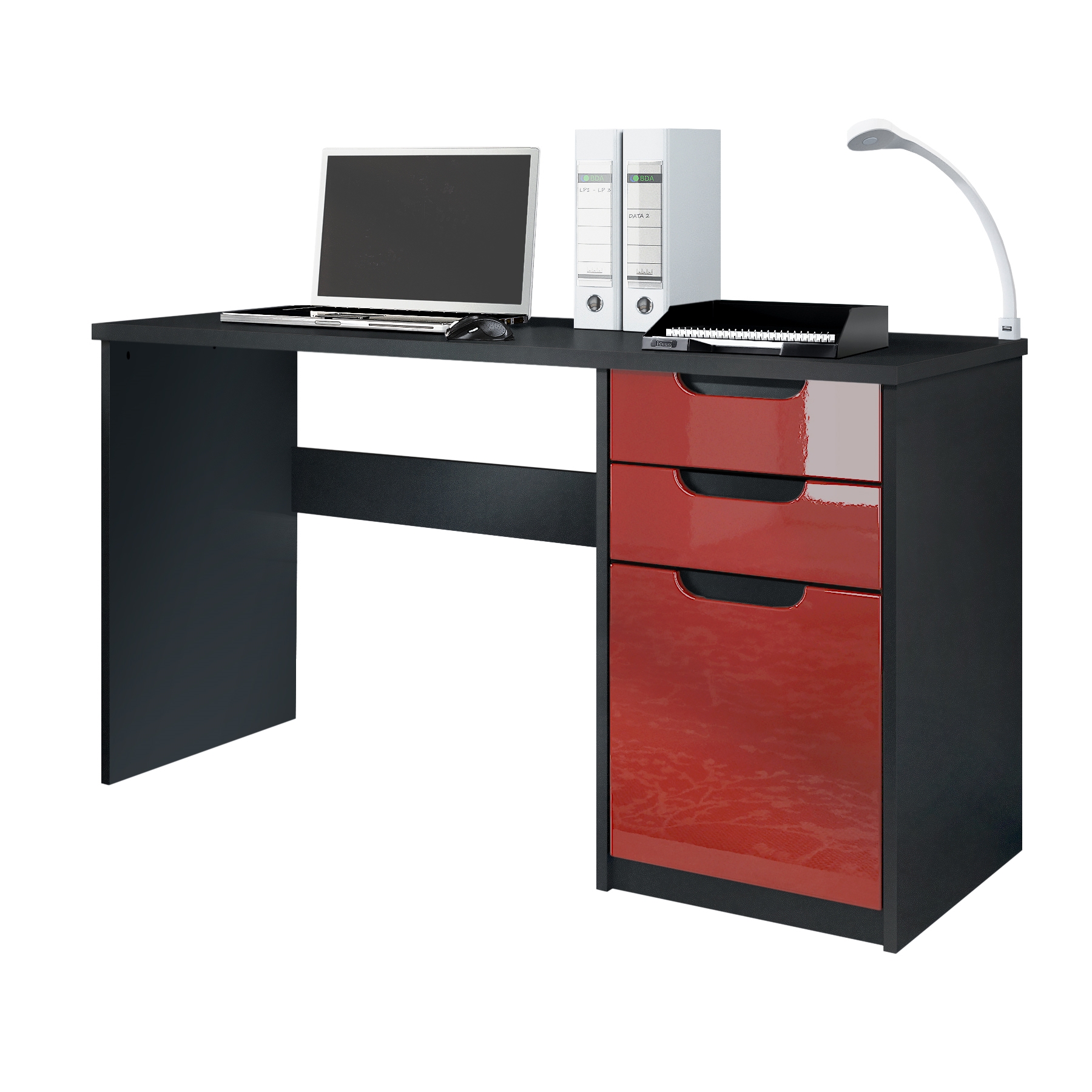 Schreibtisch Logan mit 2 Schubladen und 1 Tür Schwarz matt/Bordeaux Hochglanz (129 x 76 x 60 cm)