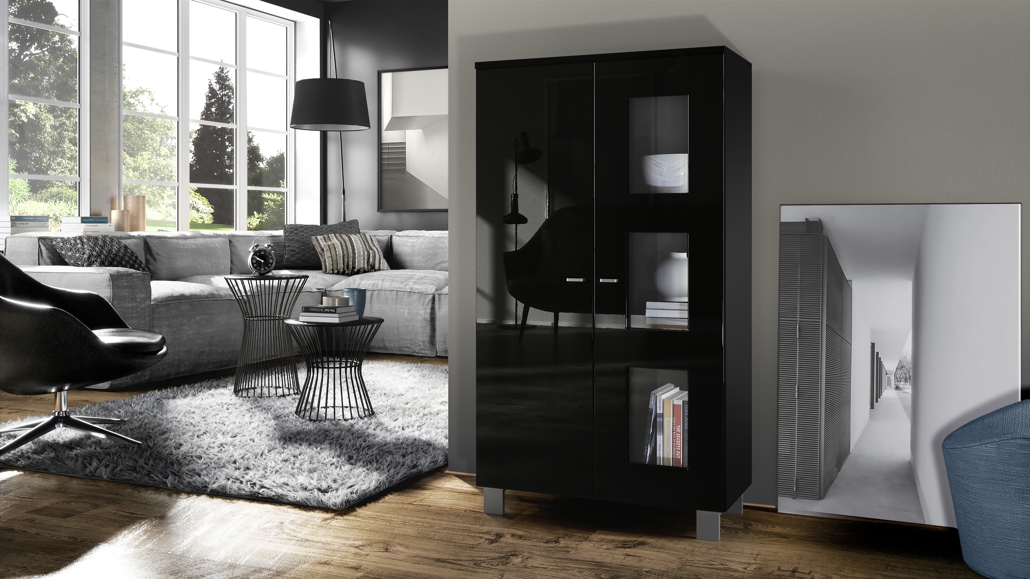 Vitrine Denjo  mit 2 Türen und 3 Glaseinsätzen,  Schwarz matt/Schwarz Hochglanz (71 x 129 x 35 cm)
