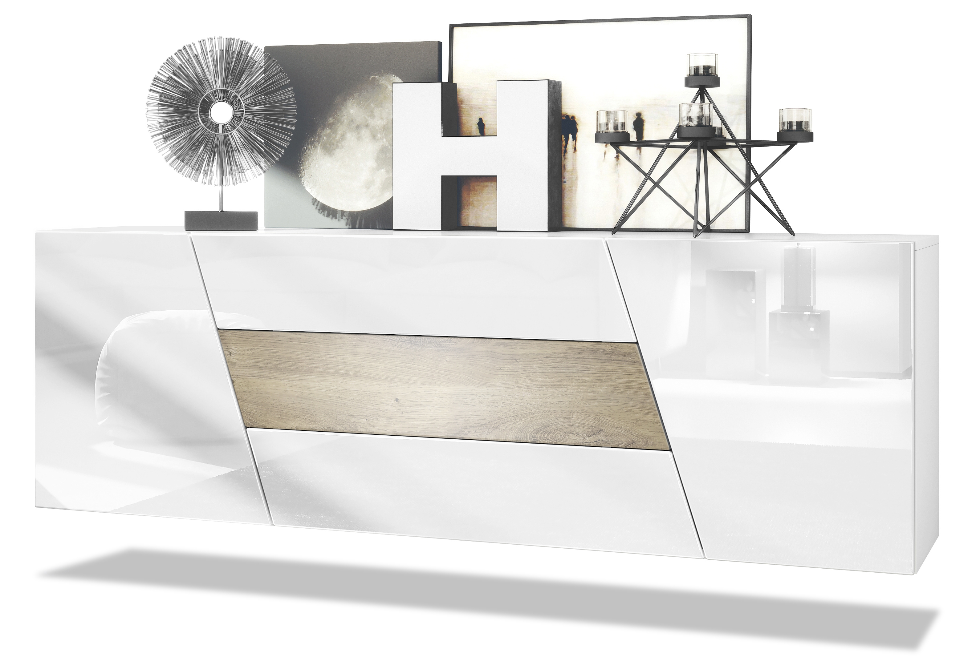 Houston Sideboard hängend mit 2 Türen und 3 Schubladen Weiß matt/Weiß Hochglanz/Eiche Ribbeck (178 x 57,5 x 38,5 cm)