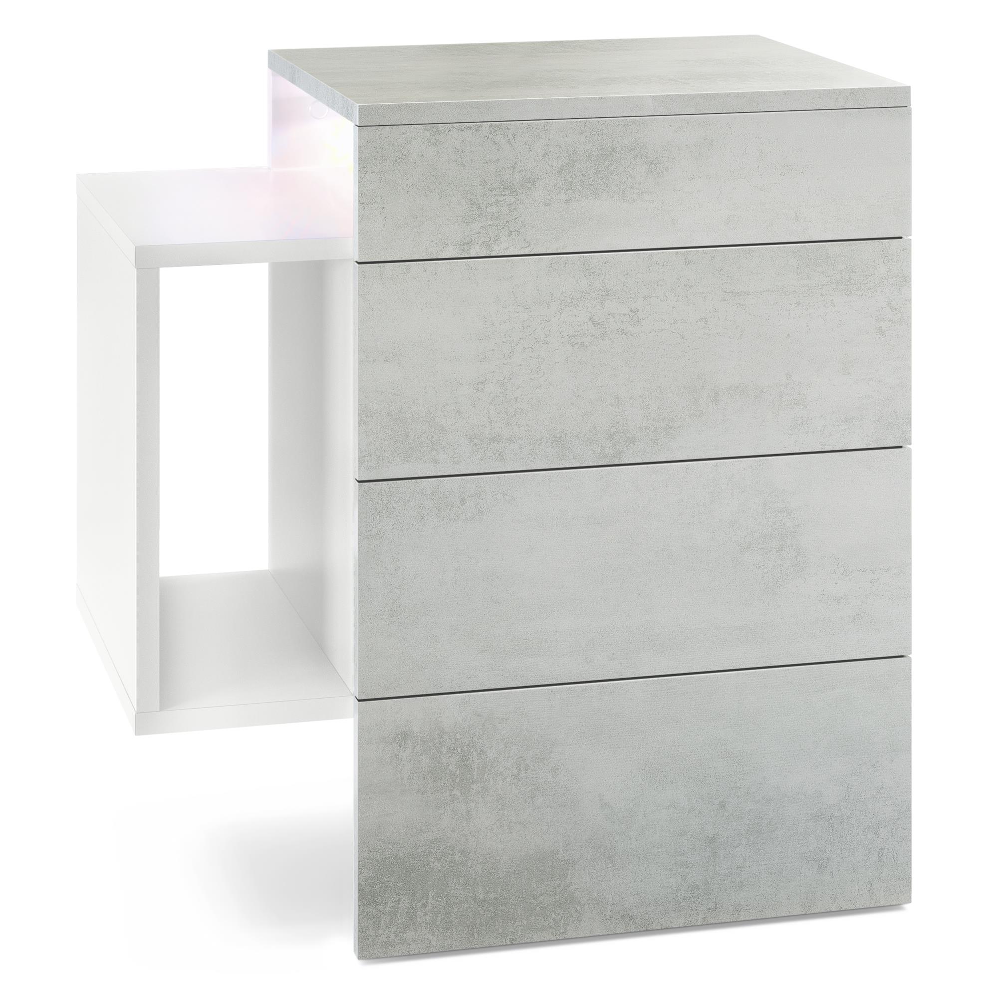 Nachttisch Queens und 1 seitlichem Fach zur Wandmontage Weiß matt/Beton Oxid Optik inkl. LED-Unterbaustrahler (60x63x36 cm)
