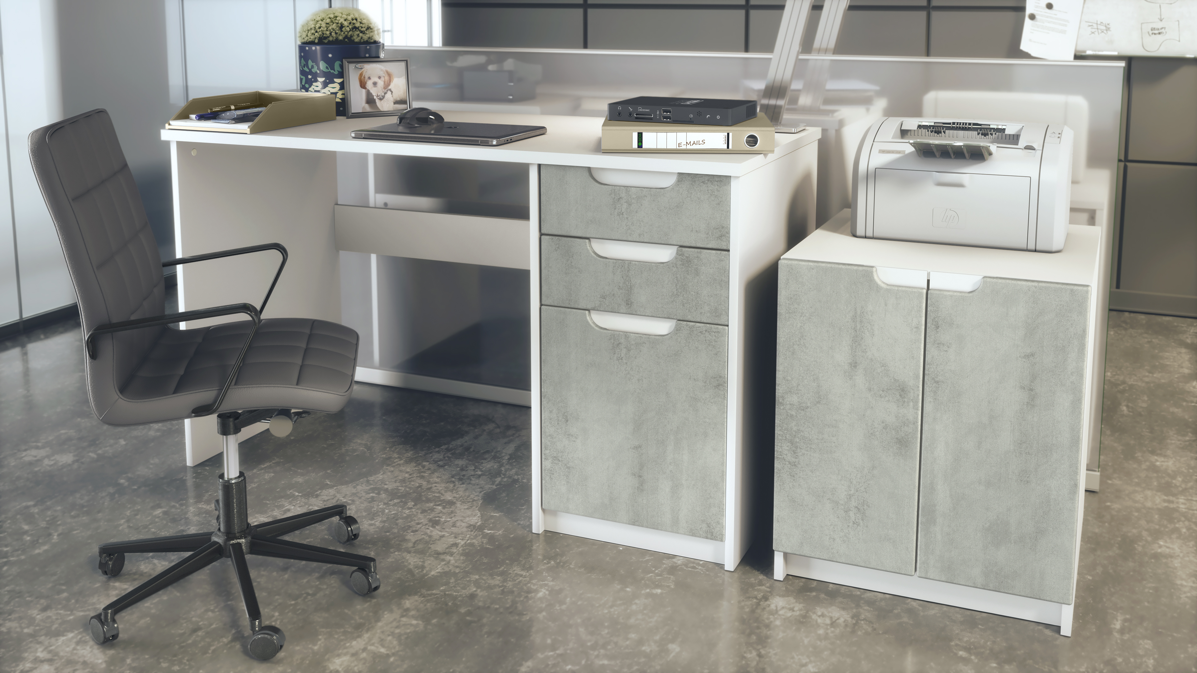 Büromöbel-Set Paris mit 1 Schreibtisch und 1 Druckerkommode Weiß matt / Beton Oxid Optik
