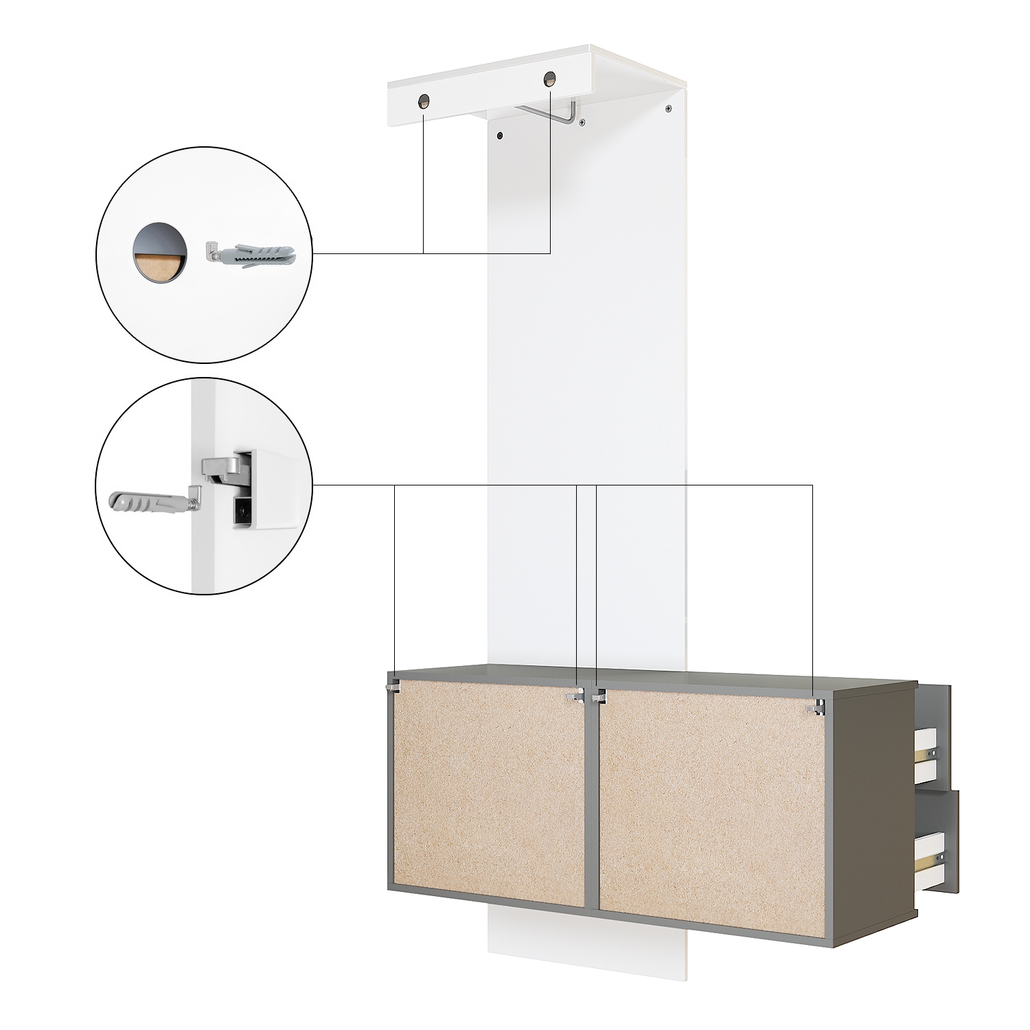 Garderobe Carlton Set 2 Anthrazit 3-tlg. 1 Paneel und 1 Schubkastenschrank Anthrazit matt/Beton Oxid Optik (105 x 193 x 35 cm)
