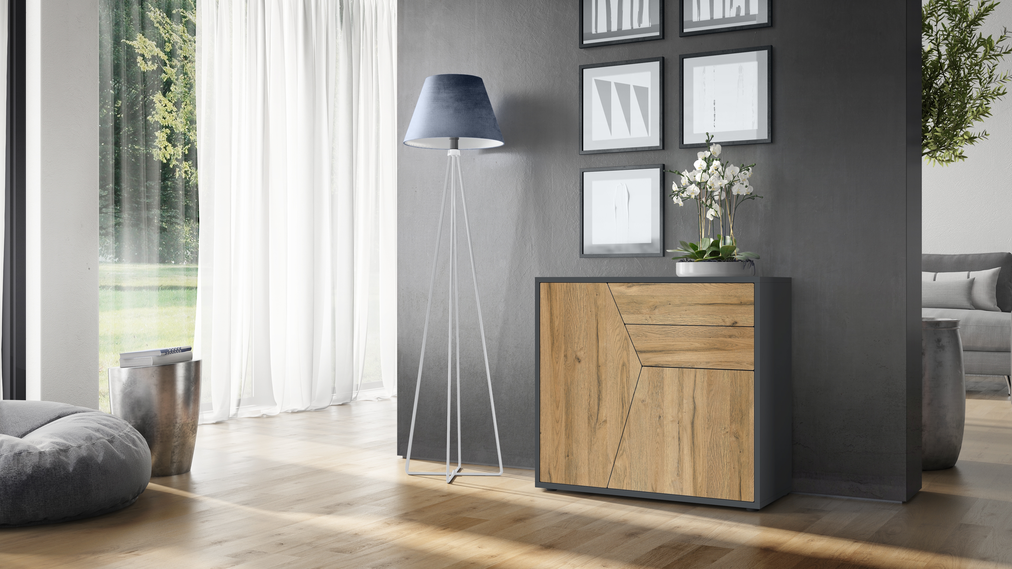 Benny Kommode  mit 2 Türen und 2 Schubladen Schwarz matt/Eiche Natur (79 x 74 x 36 cm)