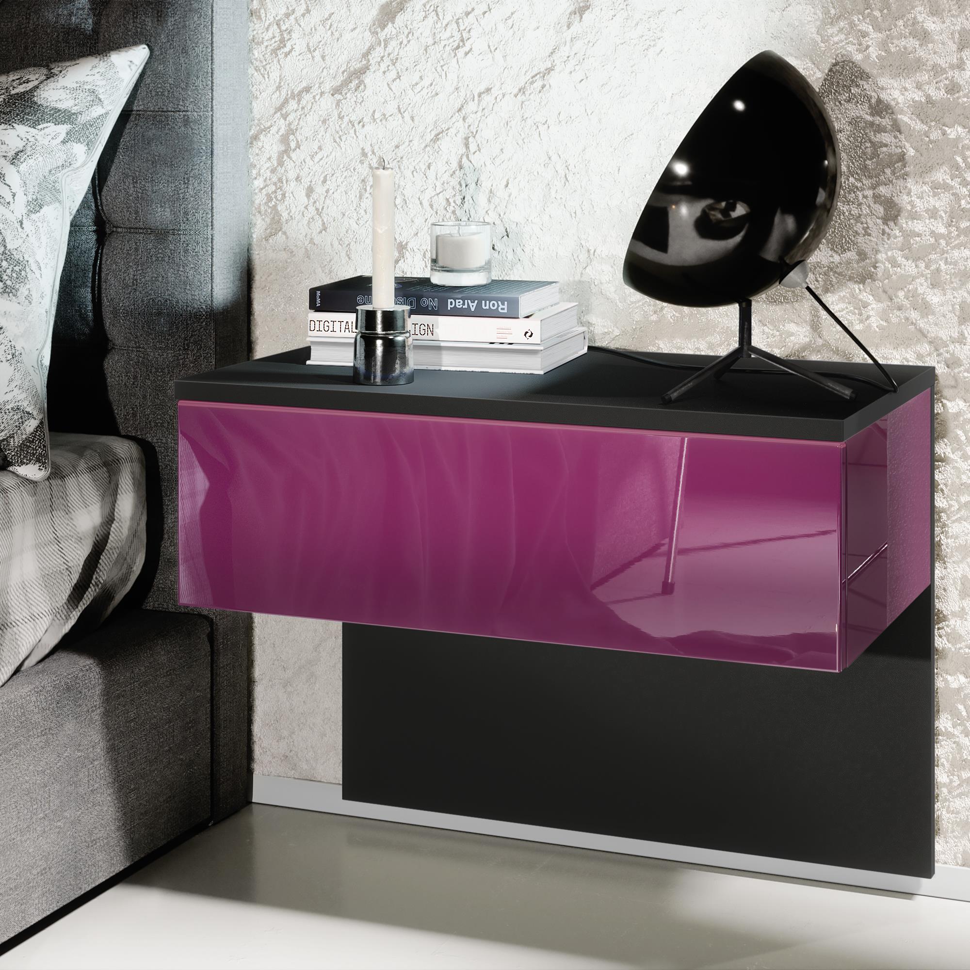 Nachttisch Sleep  mit Schublade zur Wandmontage Schwarz matt/Brombeer Hochglanz (60 x 46 x 35 cm)