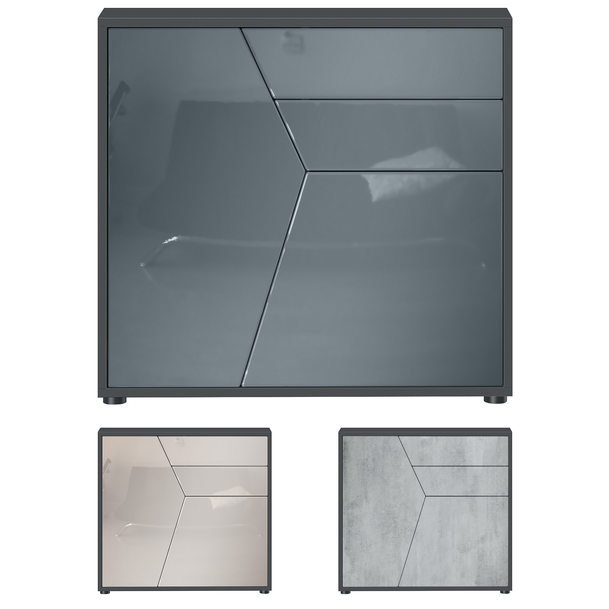 Benny Kommode  mit 2 Türen und 2 Schubladen Schwarz matt/Sandgrau Hochglanz (79 x 74 x 36 cm)