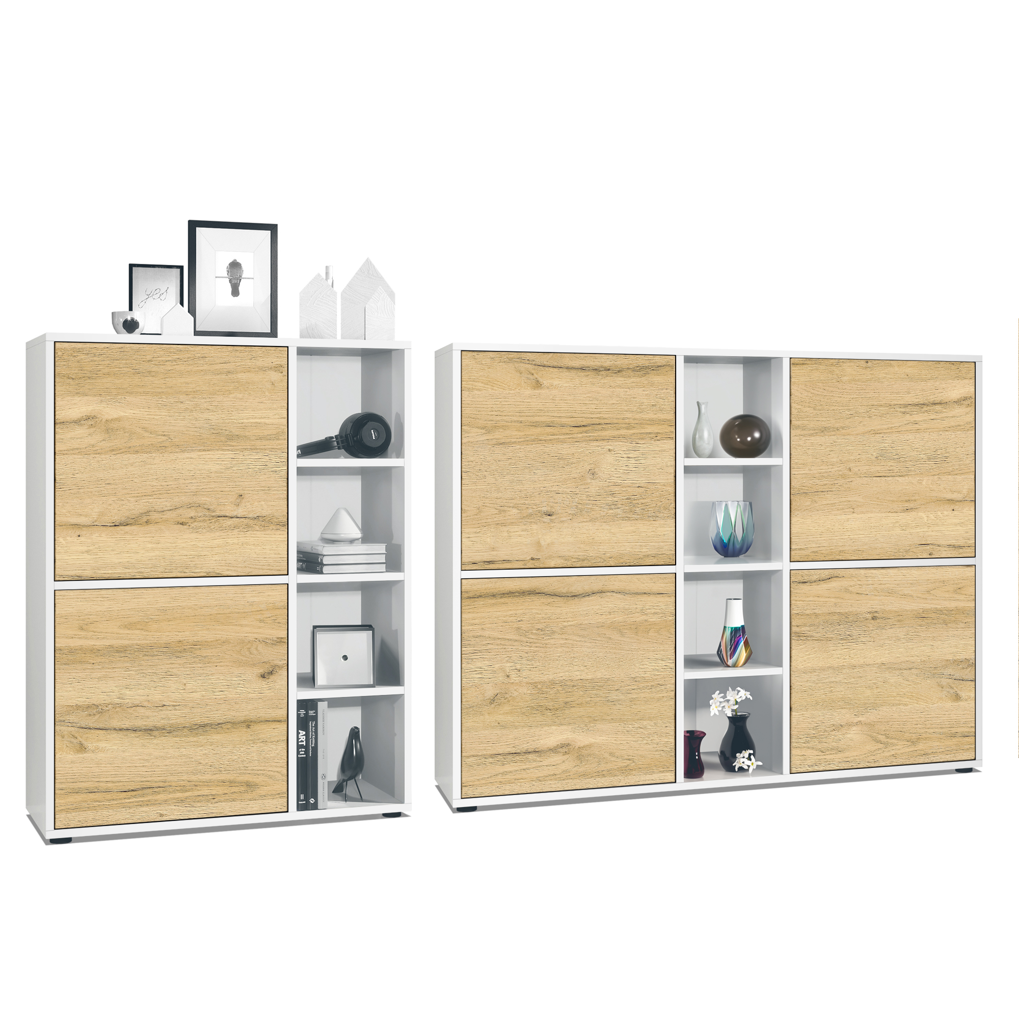 Wohnraum Set Miami bestehend aus 2 Highboards Weiß matt / Eiche Natur
