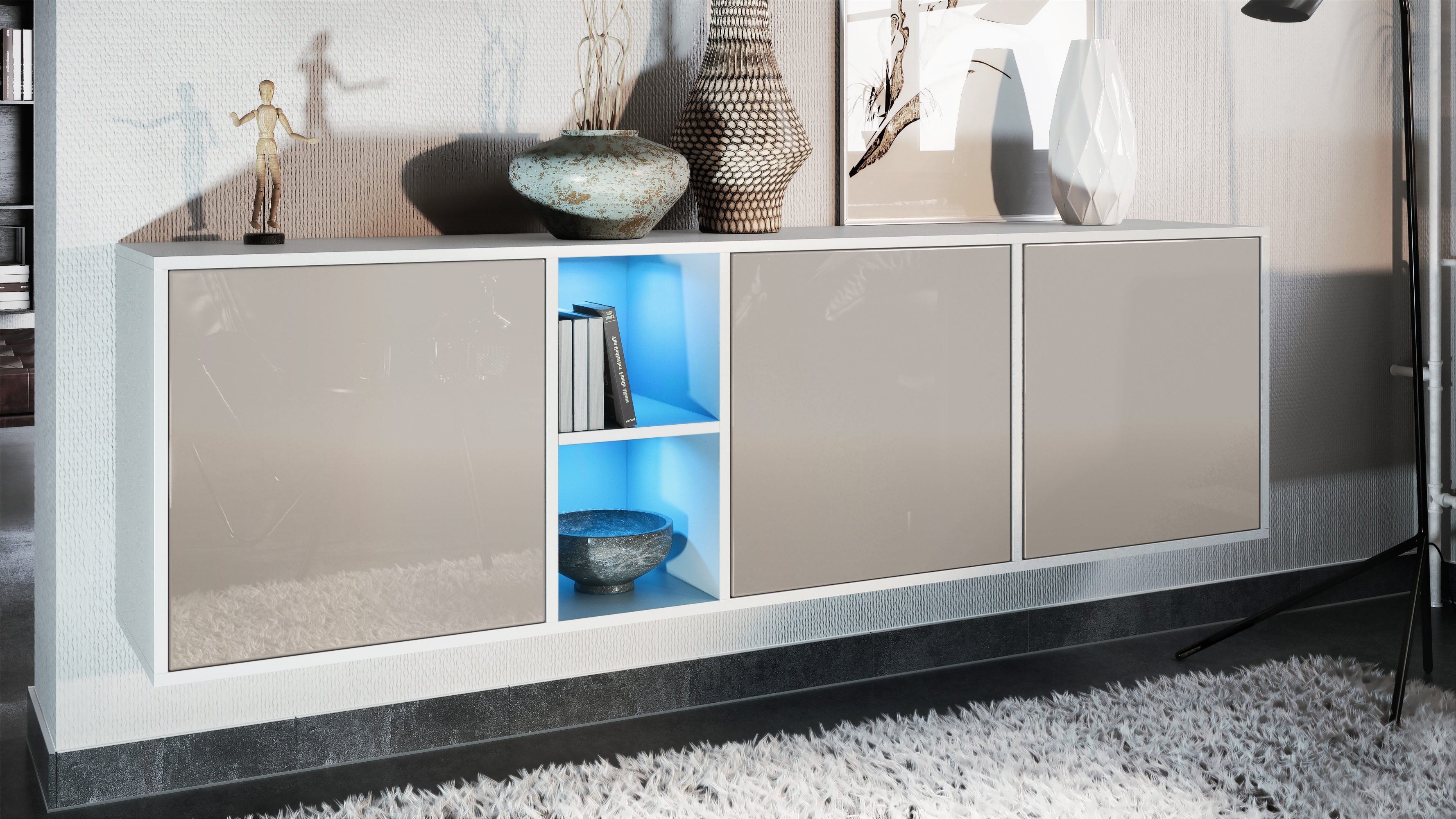 Sideboard Cuba  mit 3 Türen und 2 offene Fächer Weiß matt/Sandgrau Hochglanz inkl. LED-Beleuchtung (182 x 53 x 35 cm)