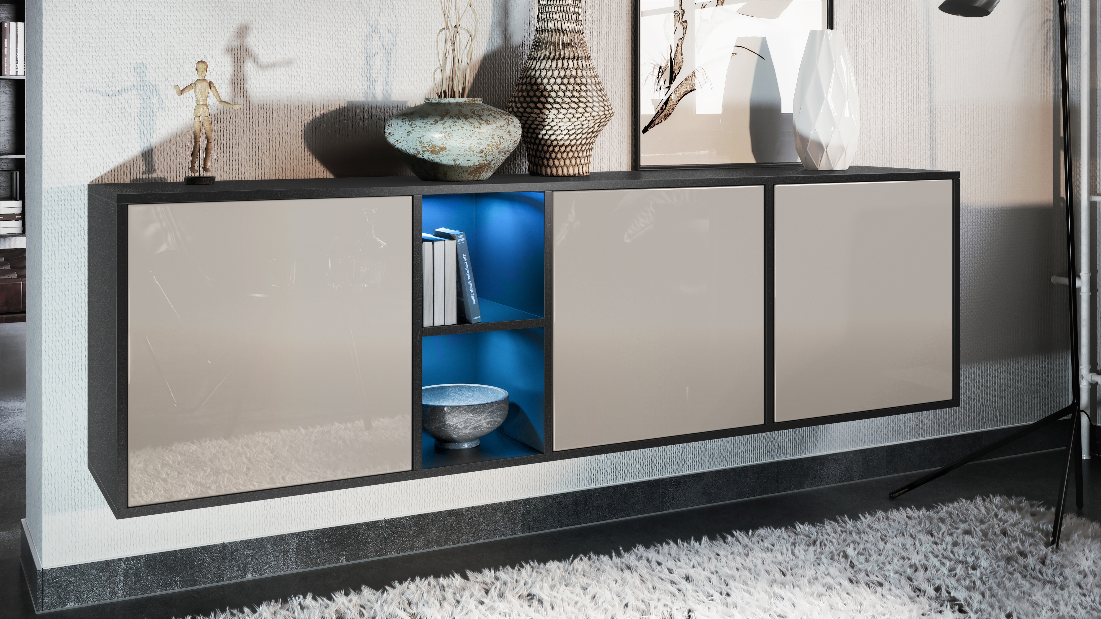 Sideboard Cuba  mit 3 Türen und 2 offene Fächer Schwarz matt/Sandgrau Hochglanz inkl. LED-Beleuchtung (182x53x35 cm)