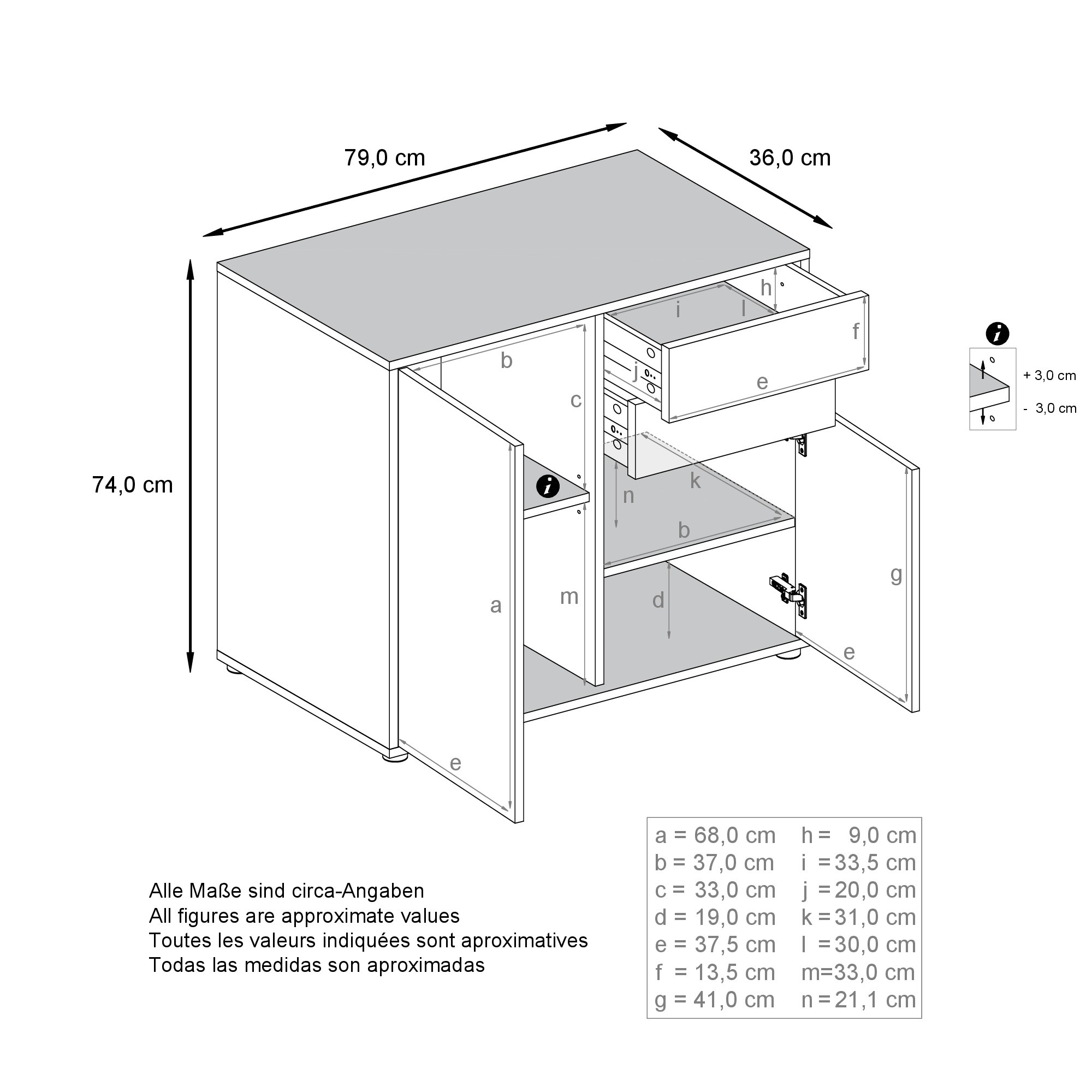 Kommode Ben  mit 2 Türen und 2 Schubladen Weiß matt/Beton Oxid-Optik (79 x 74 x 36 cm)