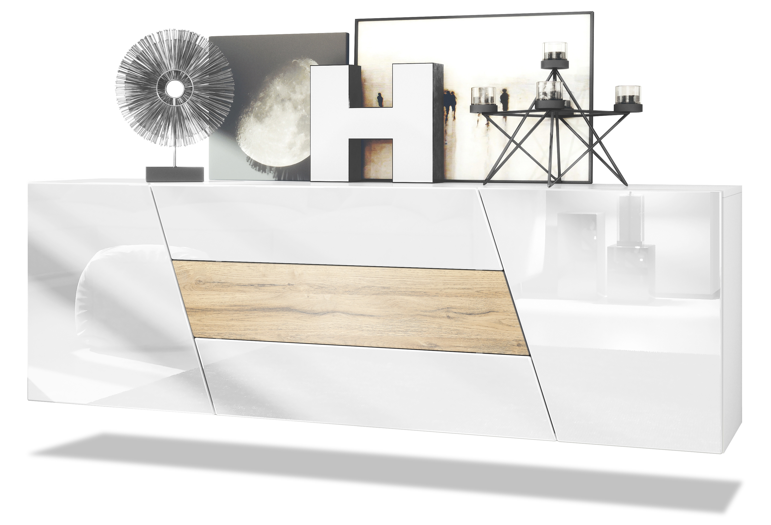 Houston Sideboard hängend mit 2 Türen und 3 Schubladen Weiß matt/Weiß Hochglanz/Eiche Natur (178 x 57,5 x 38,5 cm)