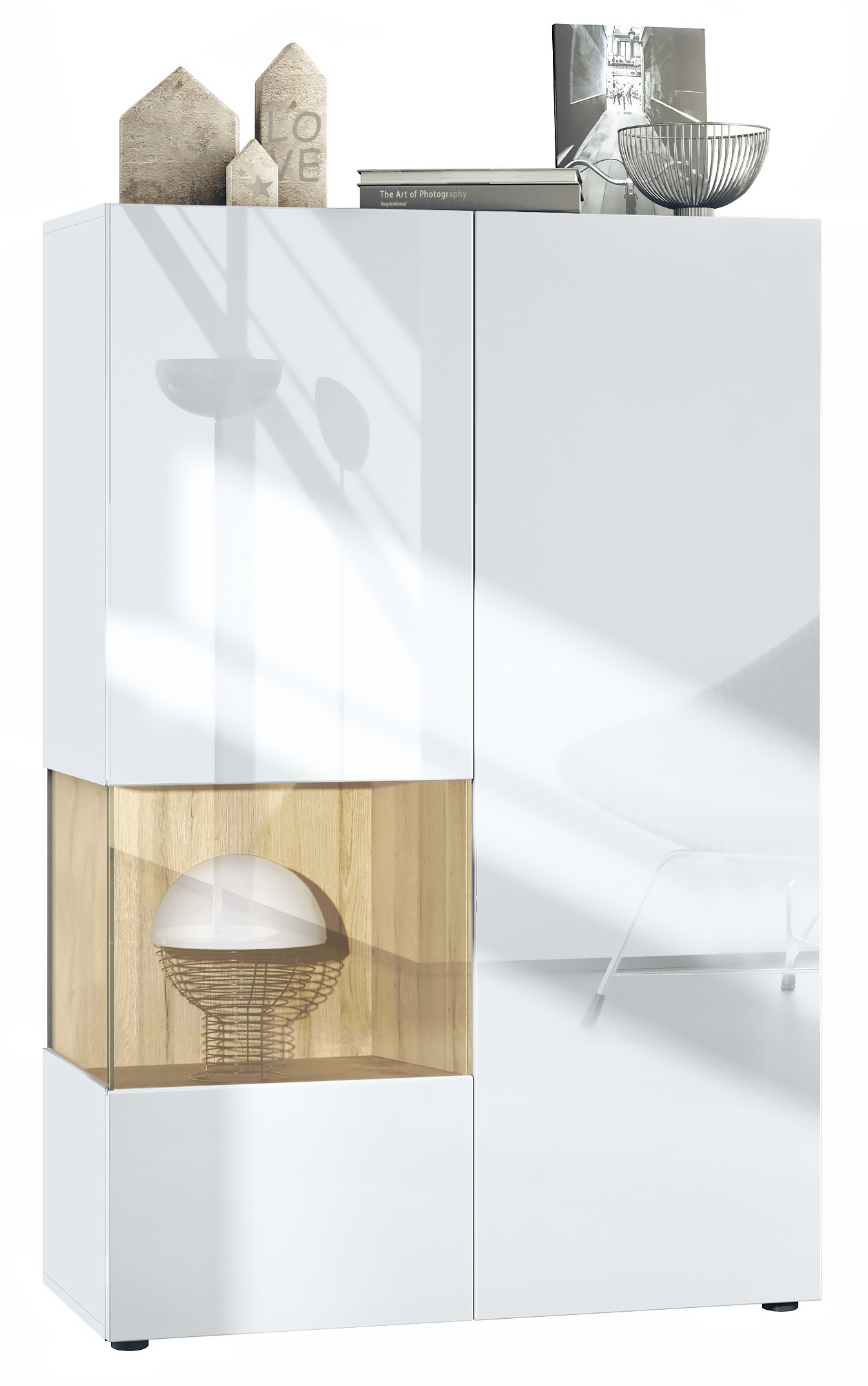 Vitrine Morena V2 mit 2 Türen und Glaseinsatz Weiß matt/Weiß Hochglanz/Eiche Natur (91,5 x 136,5 x 37 cm)