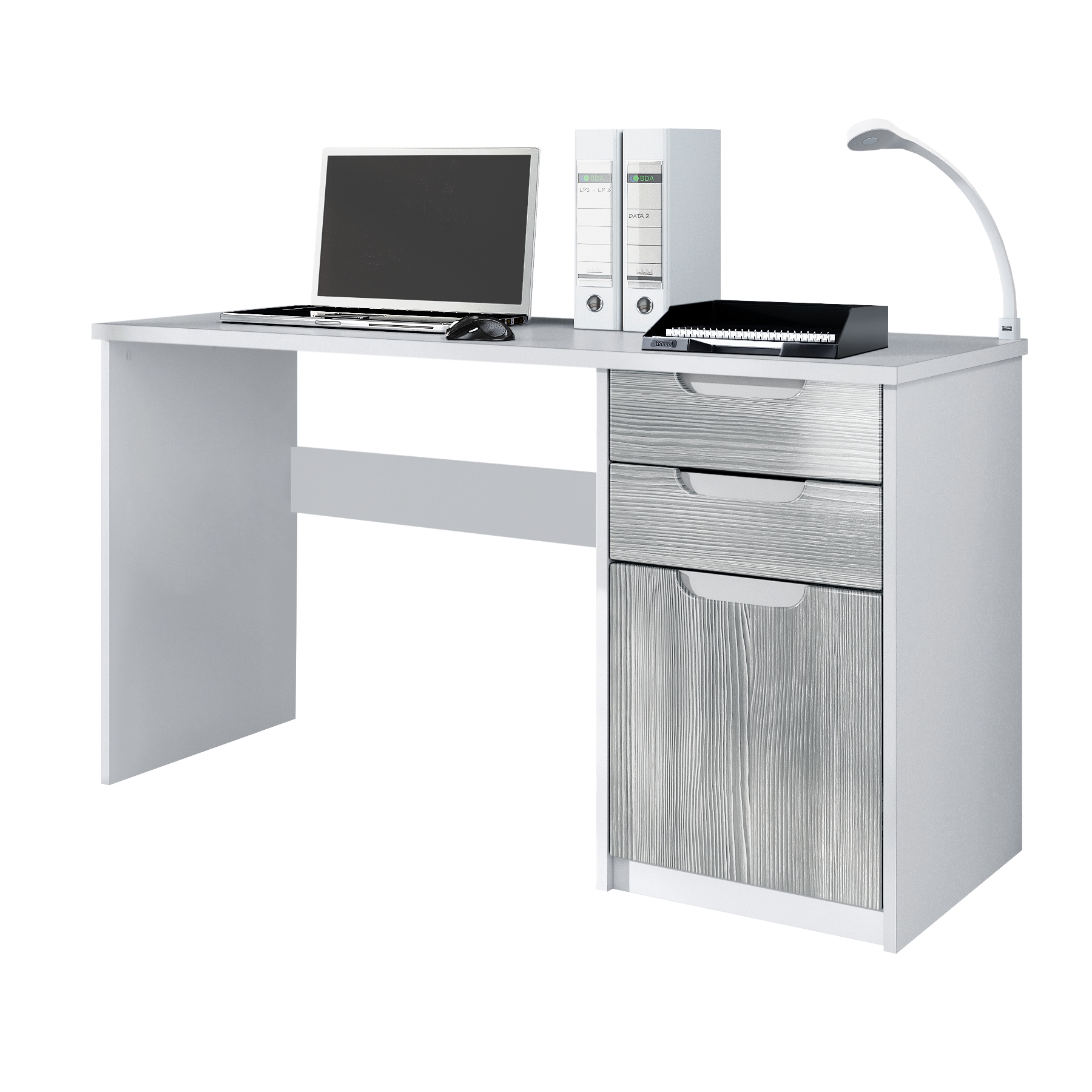 Schreibtisch Logan mit 2 Schubladen und 1 Tür Weiß matt/Avola-Anthrazit (129 x 76 x 60 cm)