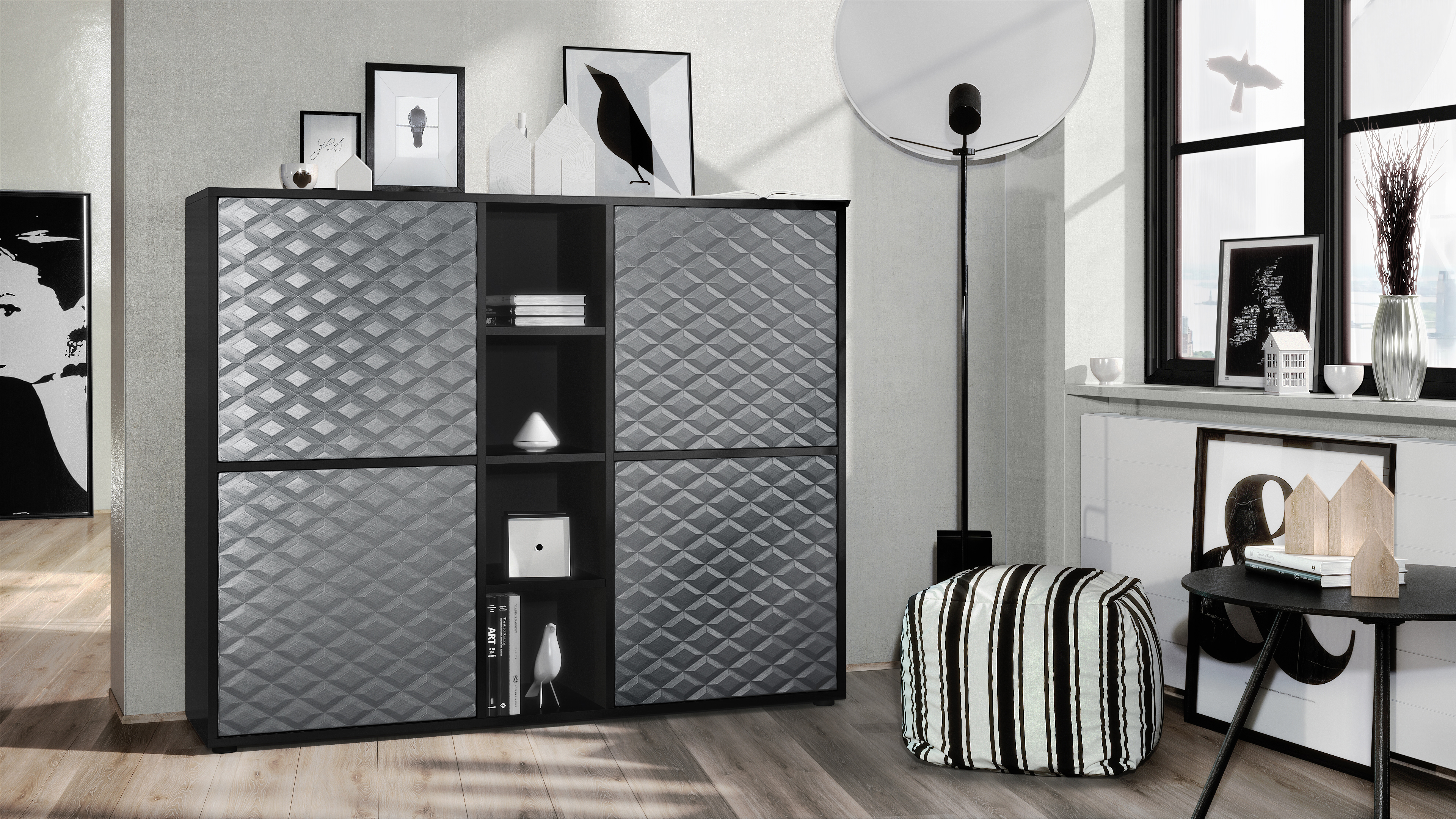 Highboard Cuba V3 mit 4 Türen und 4 offene Fächer Schwarz matt/Stahlgrau 3D Struktur (130,5x105,5x35,5 cm)
