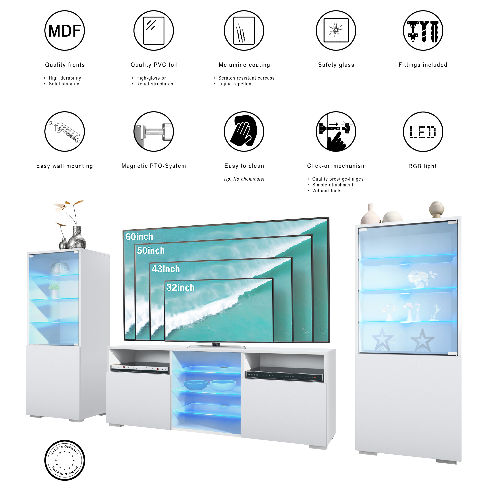 Wohnwand 3-tlg. Granada Weiß LED bestehend aus 2 Vitrinen, 1 TV-Board und LED-Beleuchtung False/Weiß Hochglanz (286 x 122,5 x 35 cm)