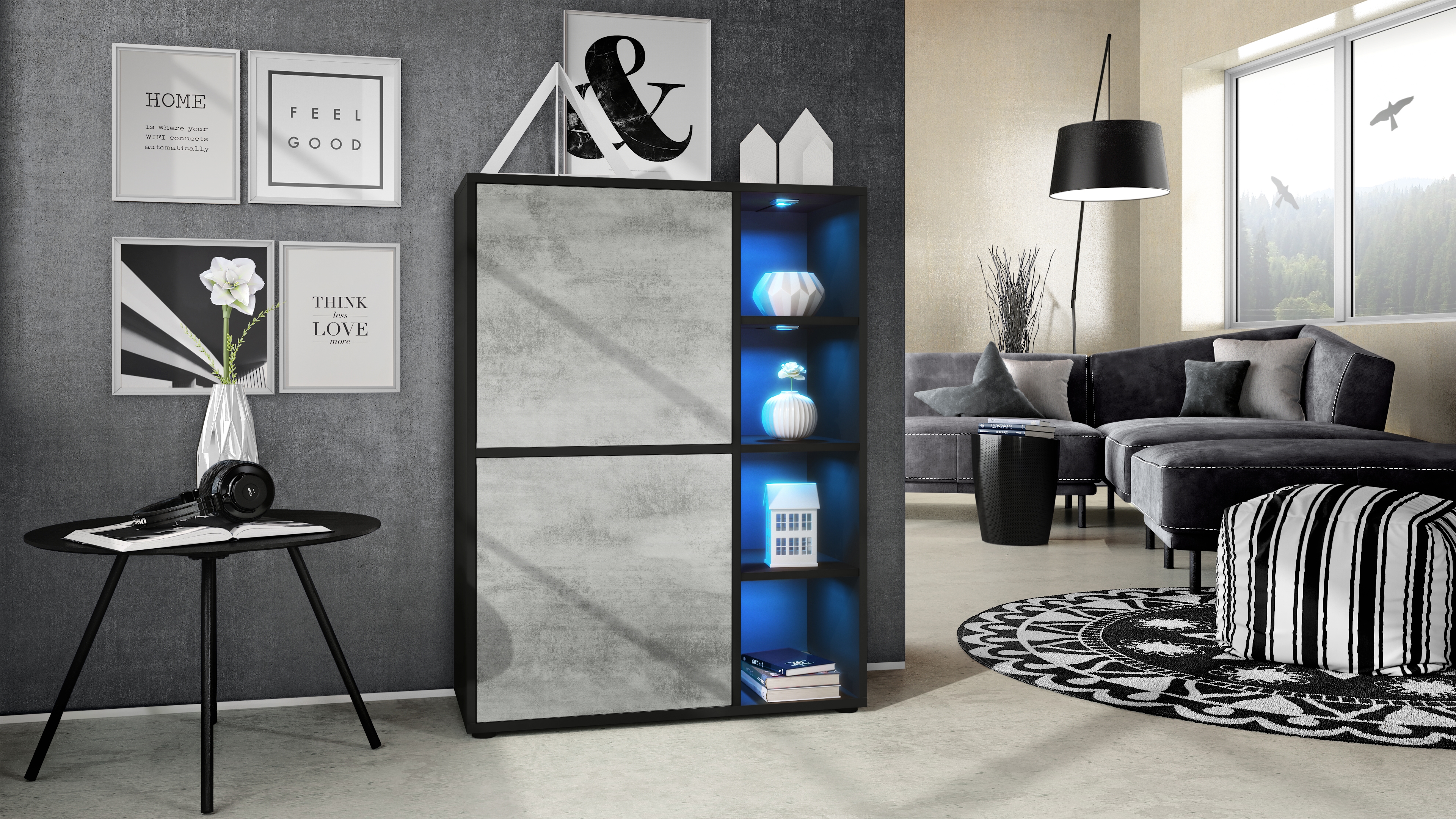 Highboard Cuba und 4 offene Fächer inkl. RGB LED Beleuchtung Schwarz matt/Beton Oxid Optik (79 x 105,5 x 35,5 cm)