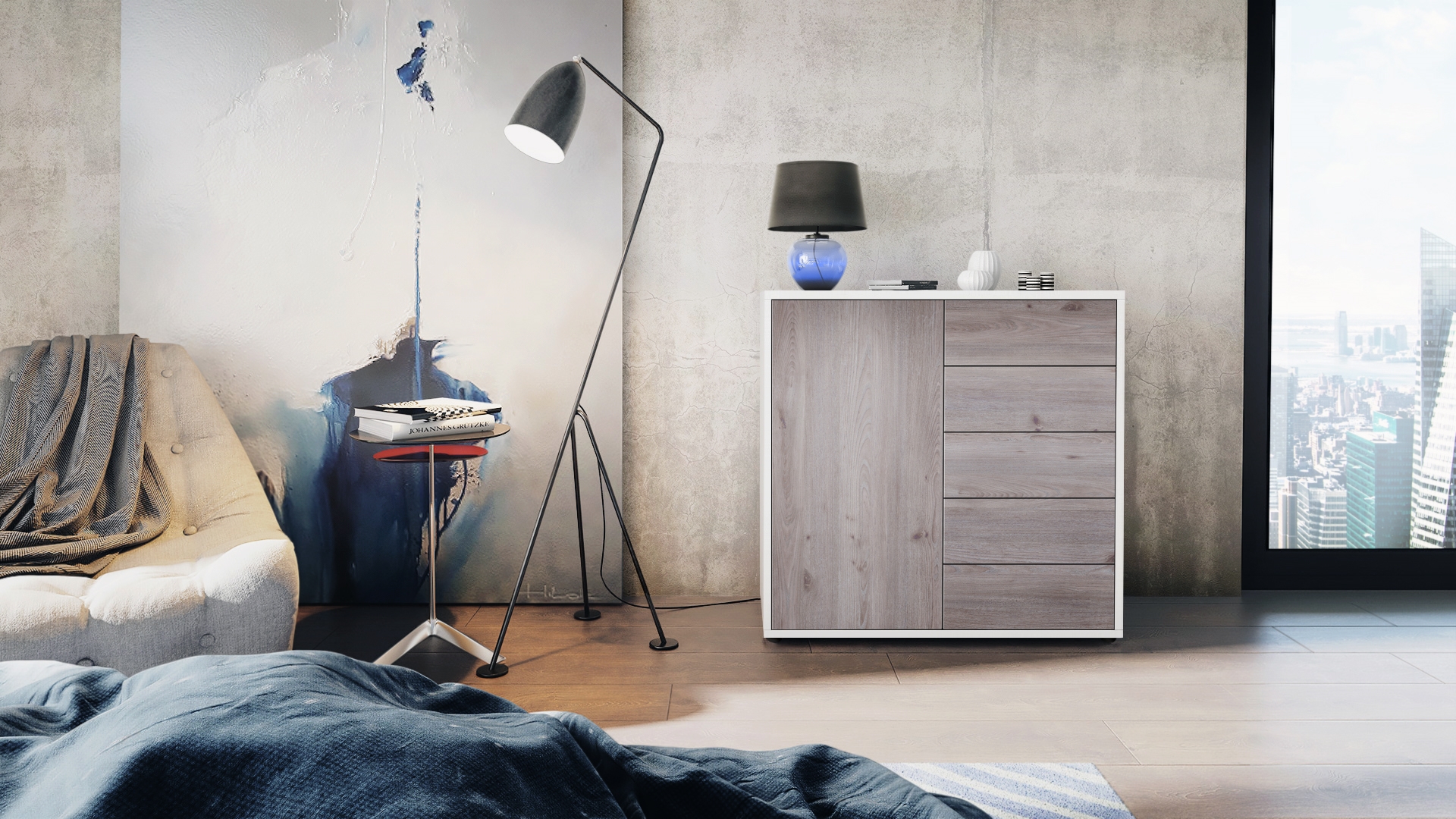 Kommode Ben V2  mit 1 Tür und 5 Schubladen Weiß matt/Eiche Nordic (79 x 74 x 36 cm)