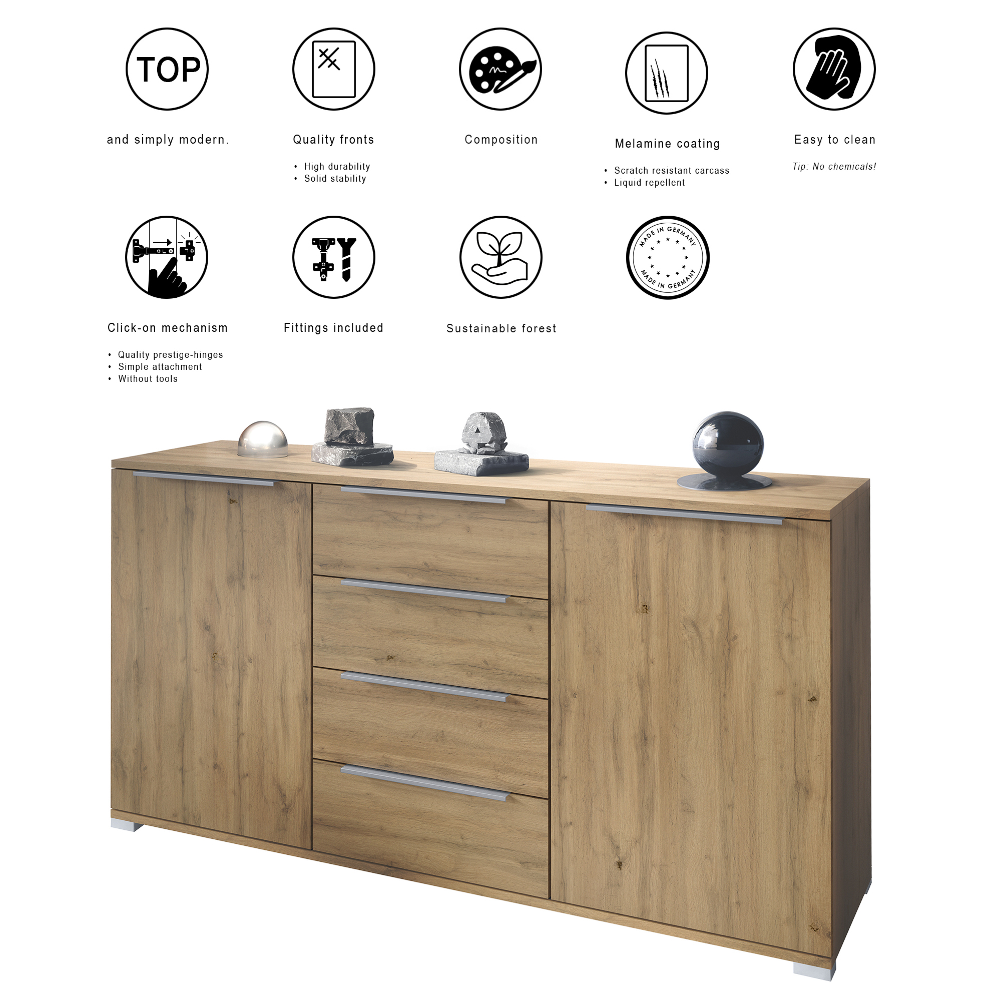 Linio V1 Sideboard Eiche Evoke mit 2 Türen und 4 Schubladen Eiche Evoke/Eiche Evoke (138,5 x 75,5 x 35 cm)