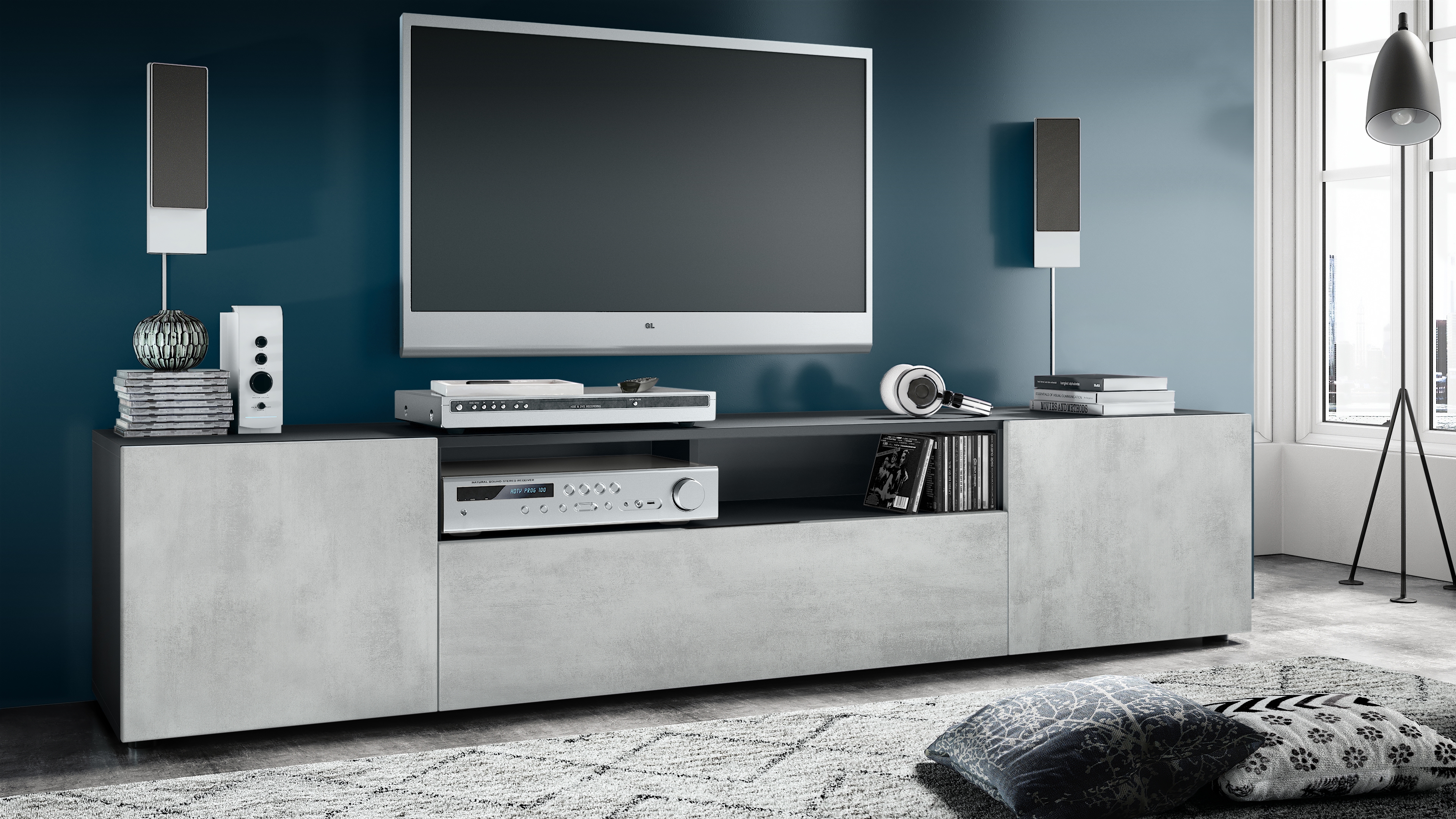Lowboard Mogan  mit 2 Türen, 1 Klappe und 1 offenes Fach Schwarz matt/ Beton Oxid-Optik (181 x 39 x 35 cm)