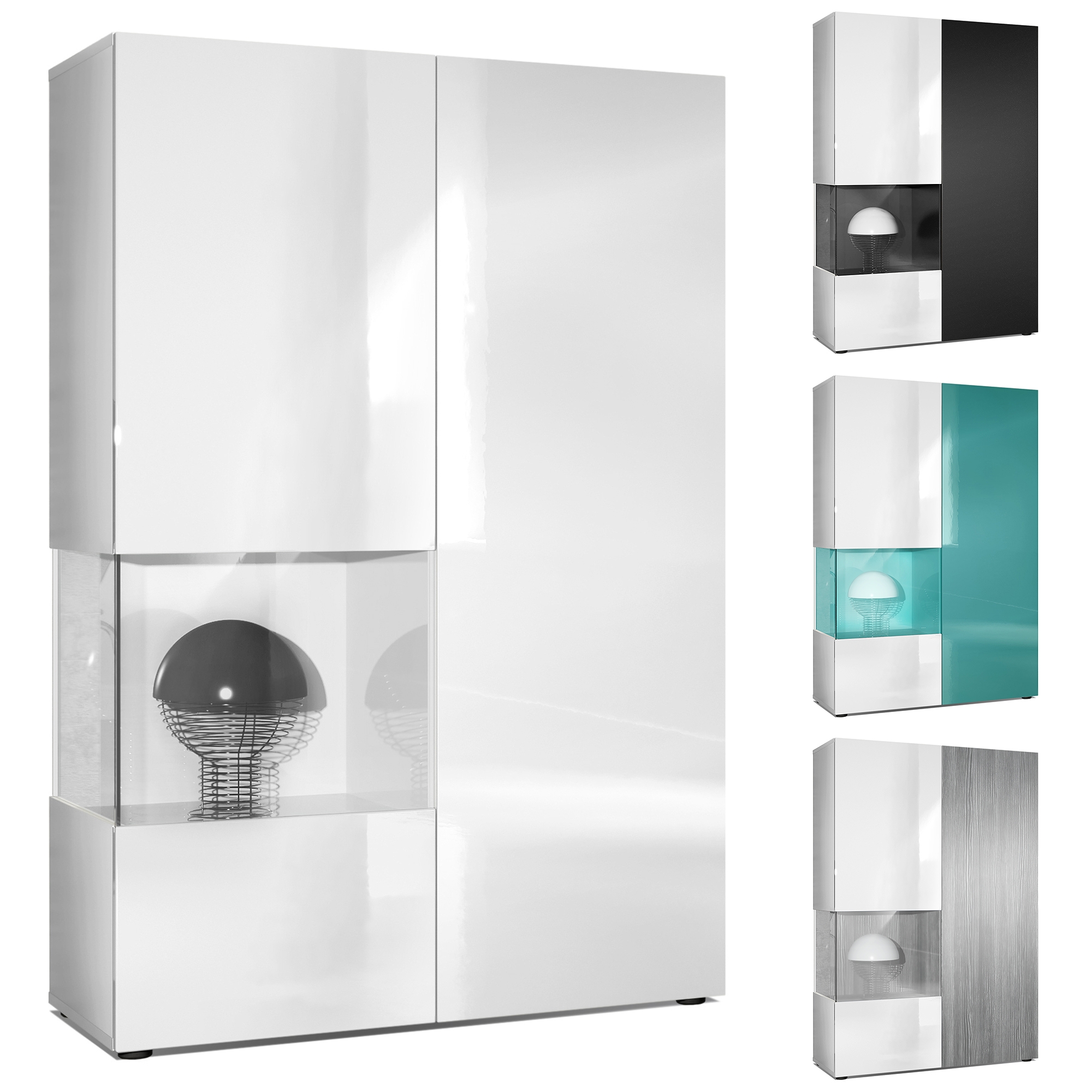 Vitrine Morena  mit 2 Türen dahinter ingesamt 7 Fächer Weiß matt/Weiß Hochglanz/Eiche Nordic (92 x 135 x 37 cm)