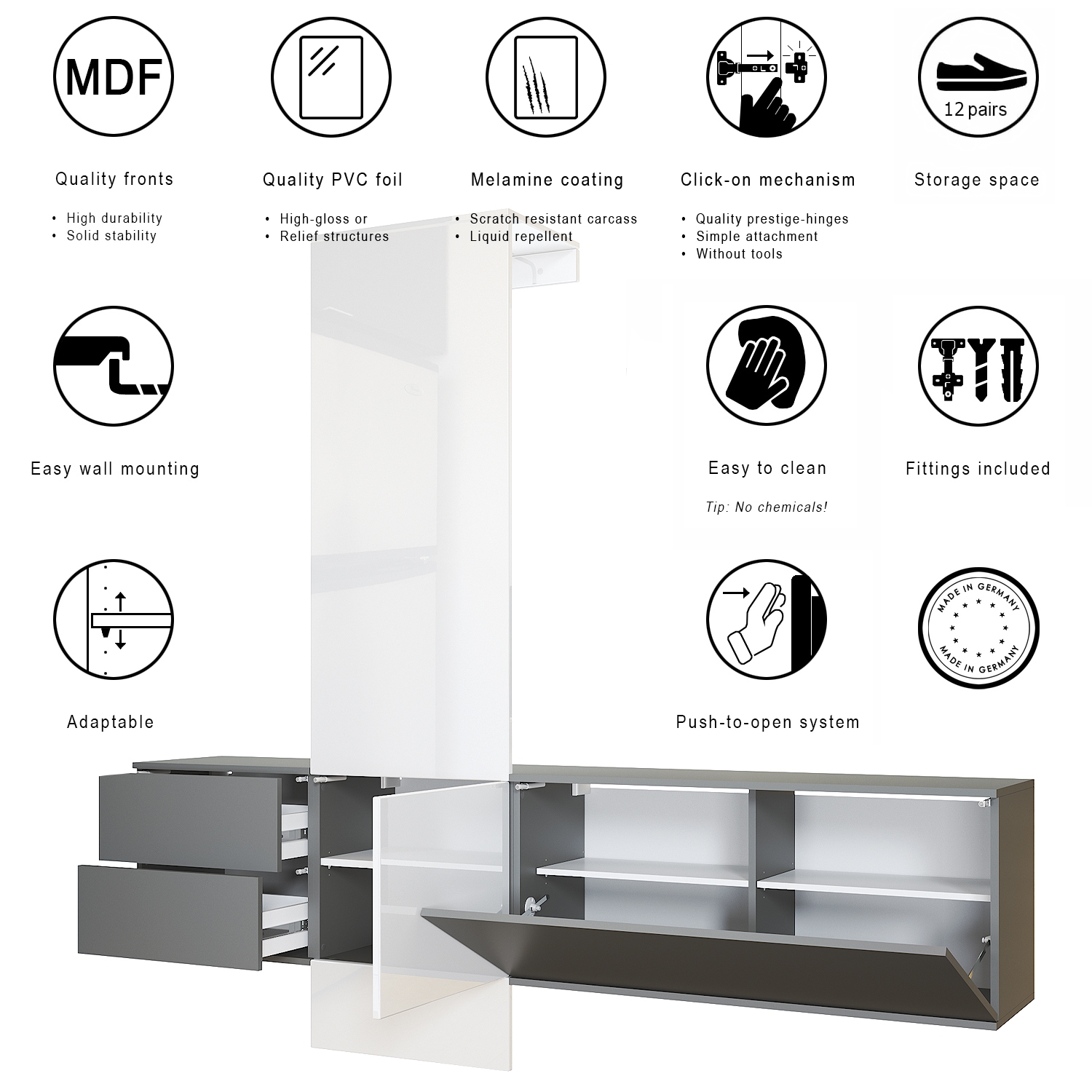 Garderobe Carlton Set 1 Anthrazit 4-tlg. 1 Paneel, 1 Schubkastenschrank und 1 Schrankmodul Anthrazit matt/Beton Oxid Optik (209 x 193 x 35 cm)