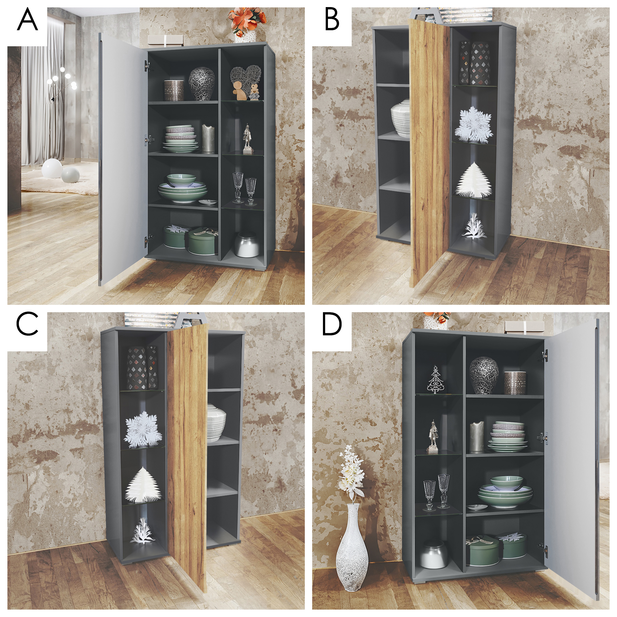 Vitrine Davos mit 3 Glasböden und 8 Fächer Anthrazit matt/Eiche Natur (71,5 x 134 x 35 cm)