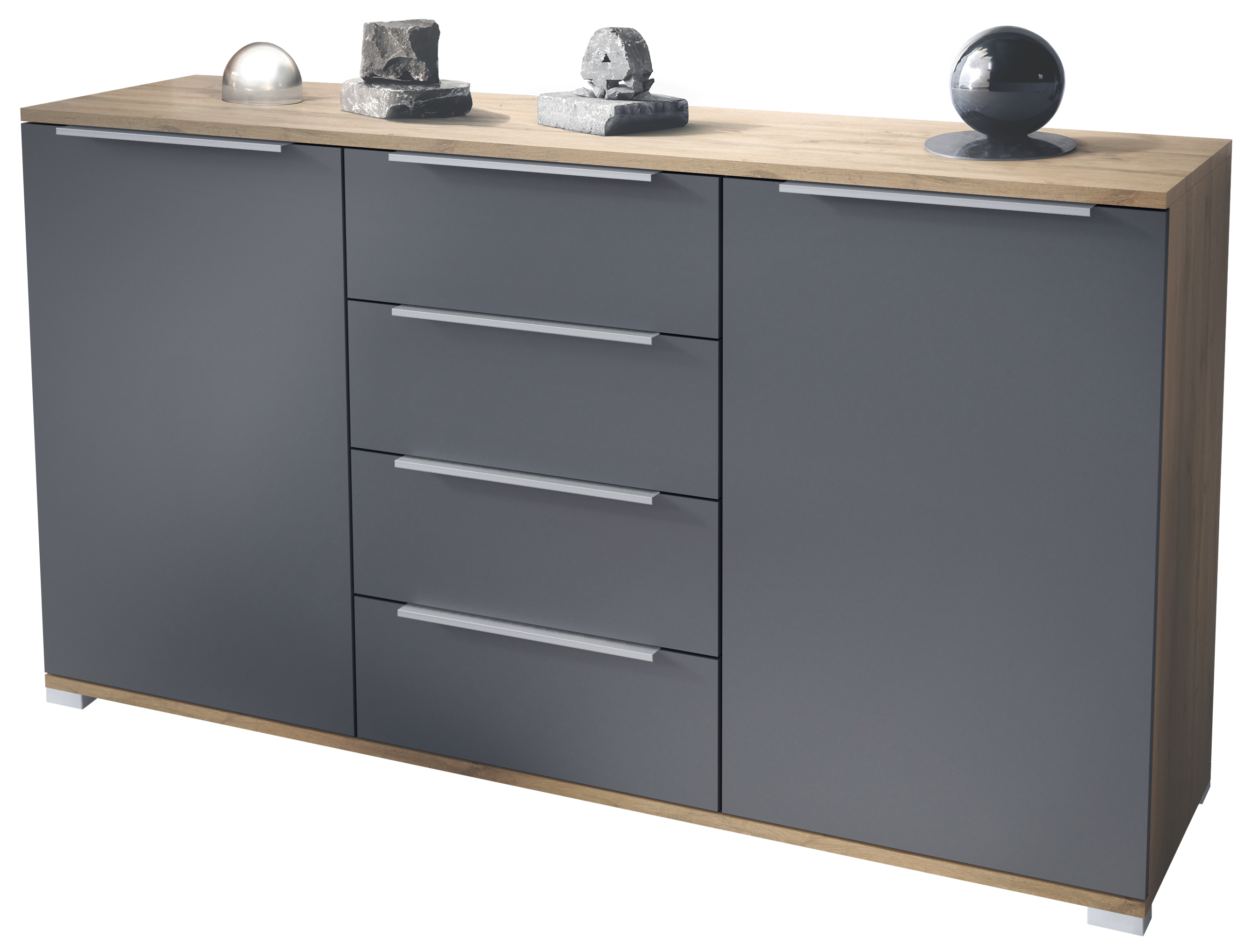 Linio V1 Sideboard Eiche Evoke mit 2 Türen und 4 Schubladen Eiche Evoke/Anthrazit matt (138,5 x 75,5 x 35 cm)
