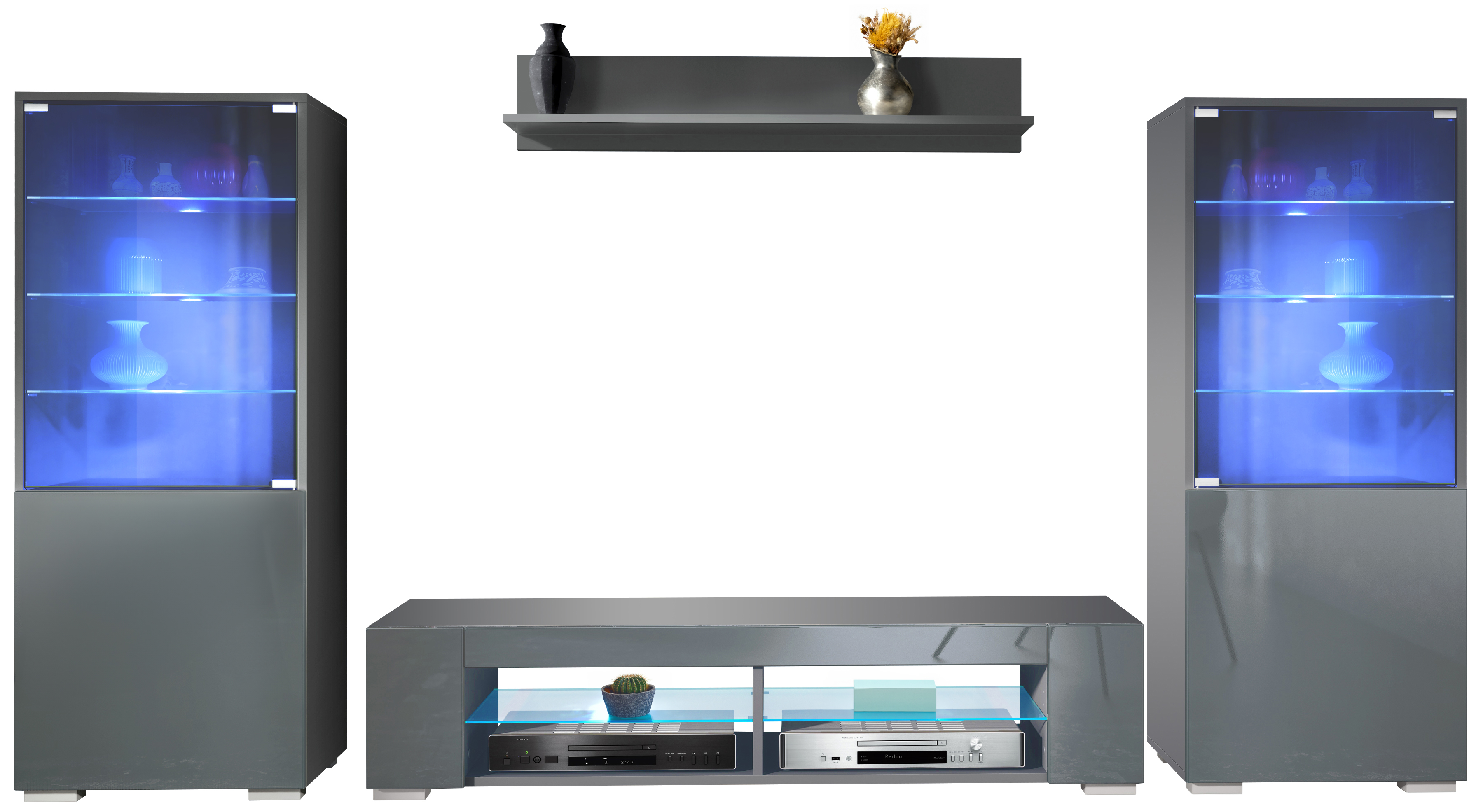 Wohnwand 4-tlg. Nevada V2 Anthrazit LED bestehend aus 2 Vitrinen, 1 TV-Board und 1 Wandregal inkl. LED Anthrazit matt/Grau Hochglanz (304,5 x 141 x 39 cm)