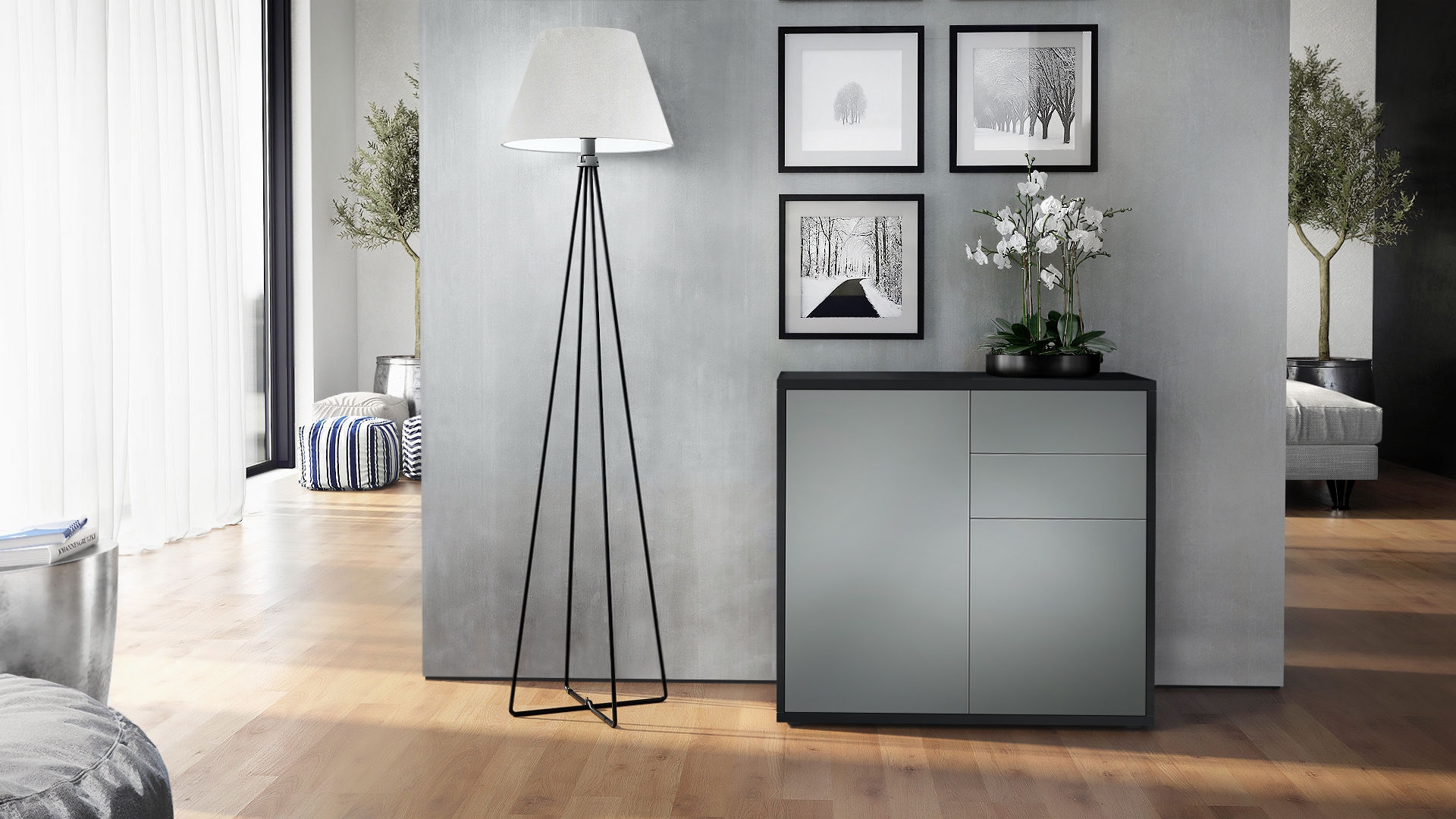 Kommode Ben  mit 2 Türen und 2 Schubladen Schwarz matt/Graphit Seidenmatt (79 x 74 x 36 cm)