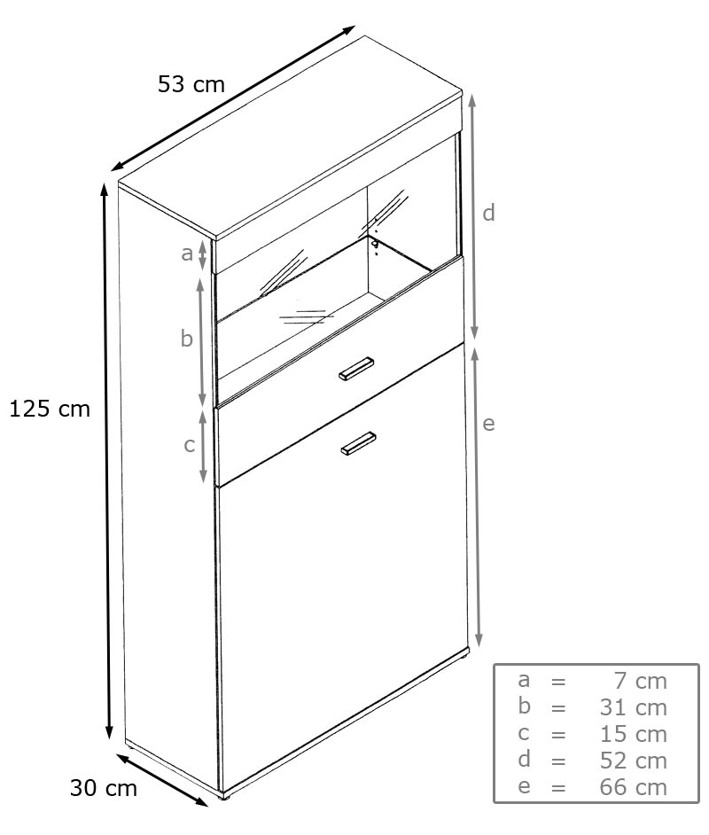 Vitrine Almada mit 2 Türen, 4 Fächern und 1 Glaseinsatz Weiß matt/Schwarz Hochglanz (53 x 125 x 30 cm)