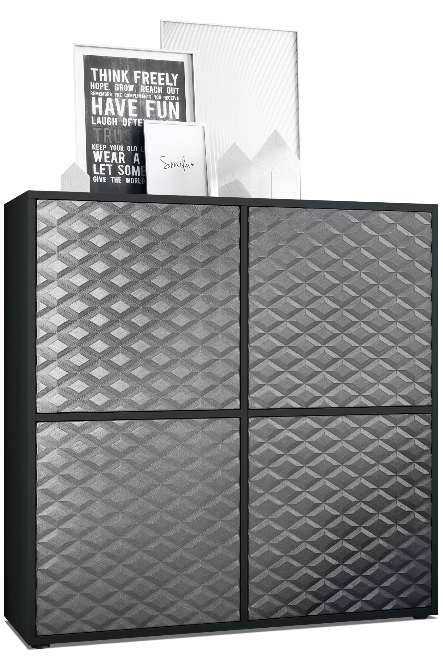 Highboard Cuba V2 mit 2 Türen, dahinter 8 Fächer Schwarz matt/Stahlgrau 3D Struktur (104 x 105,5 x 35,5 cm)