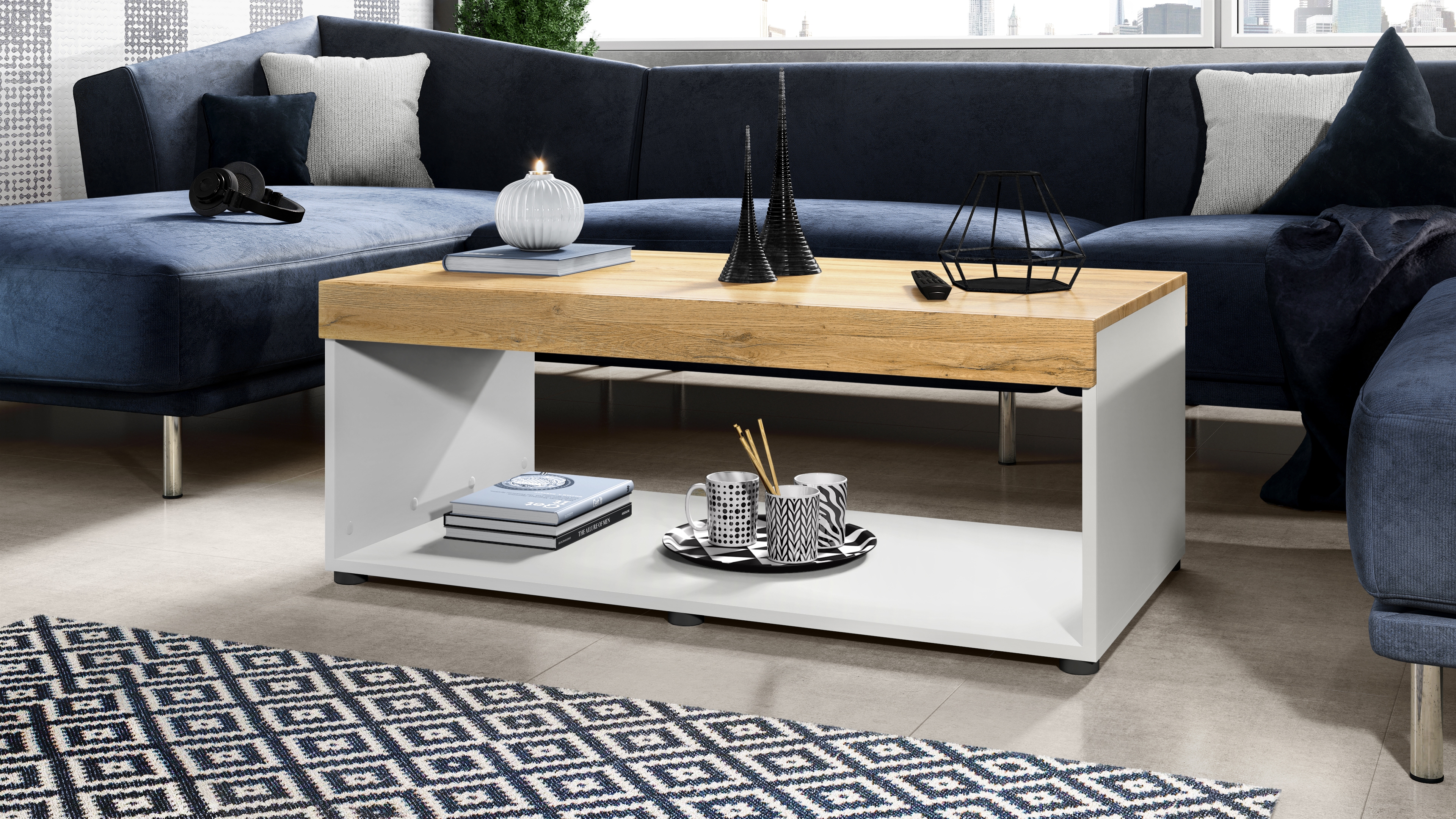 Wohnzimmer-Set Berlin bestehend aus 1 TV Board und 1 Couchtisch Weiß matt/Eiche Natur