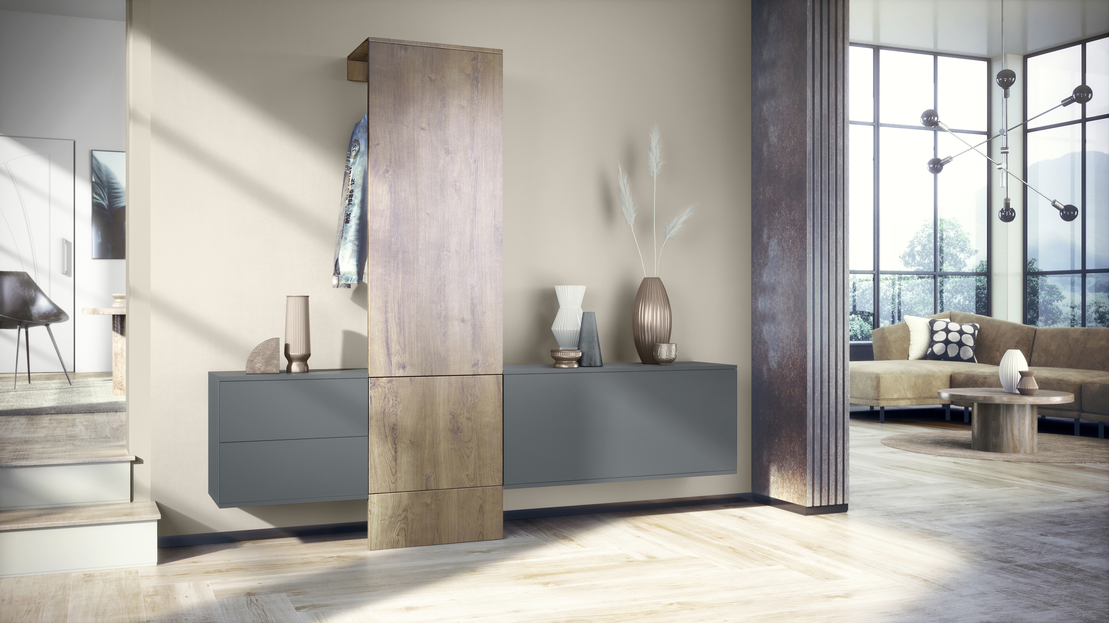 Garderobe Carlton Set 1 Anthrazit 4-tlg. 1 Paneel, 1 Schubkastenschrank und 1 Schrankmodul Anthrazit matt/Eiche Ribbeck (209 x 193 x 35 cm)